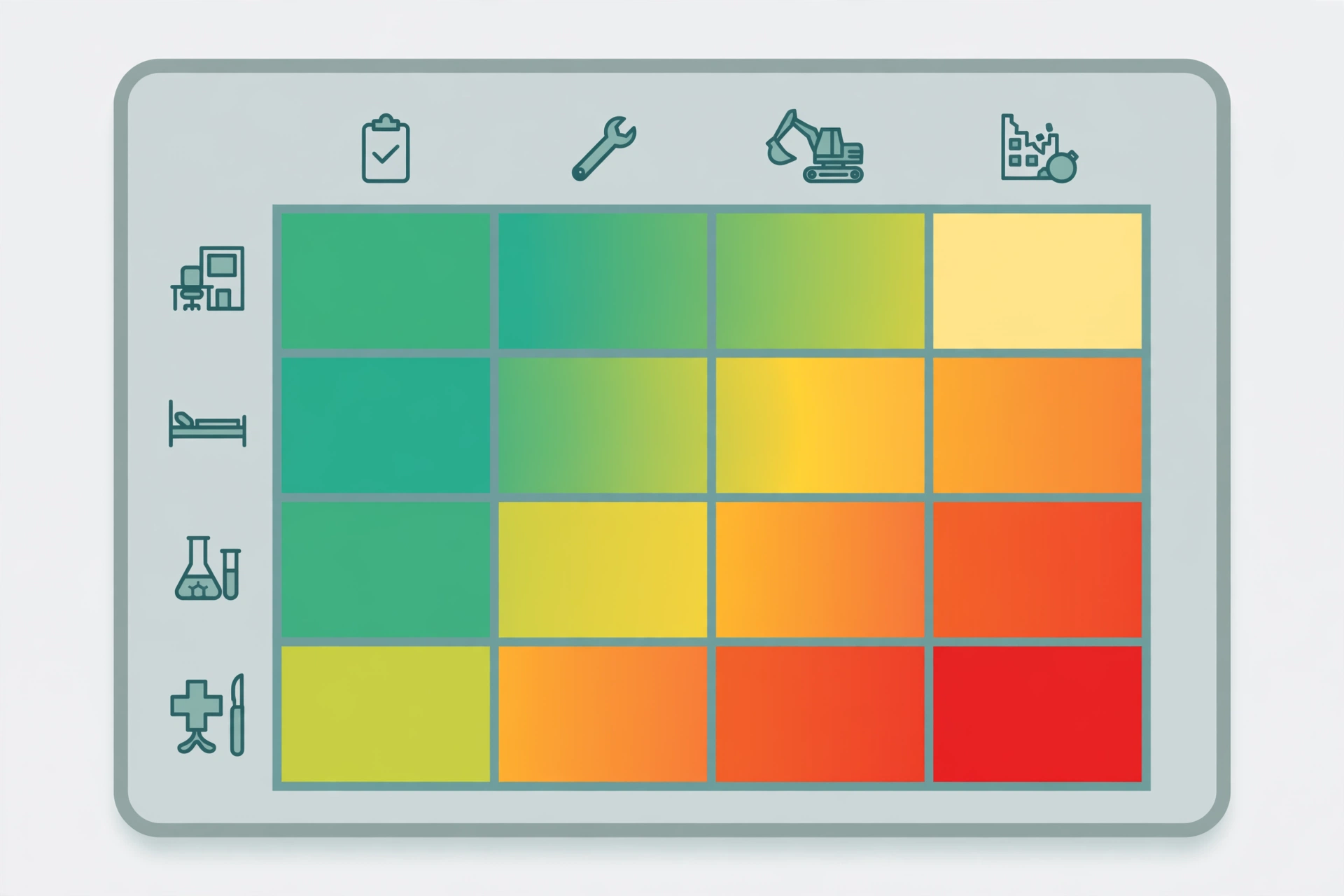 Concept illustration of the ICRA 2.0 risk matrix matching construction activity types against patient risk groups