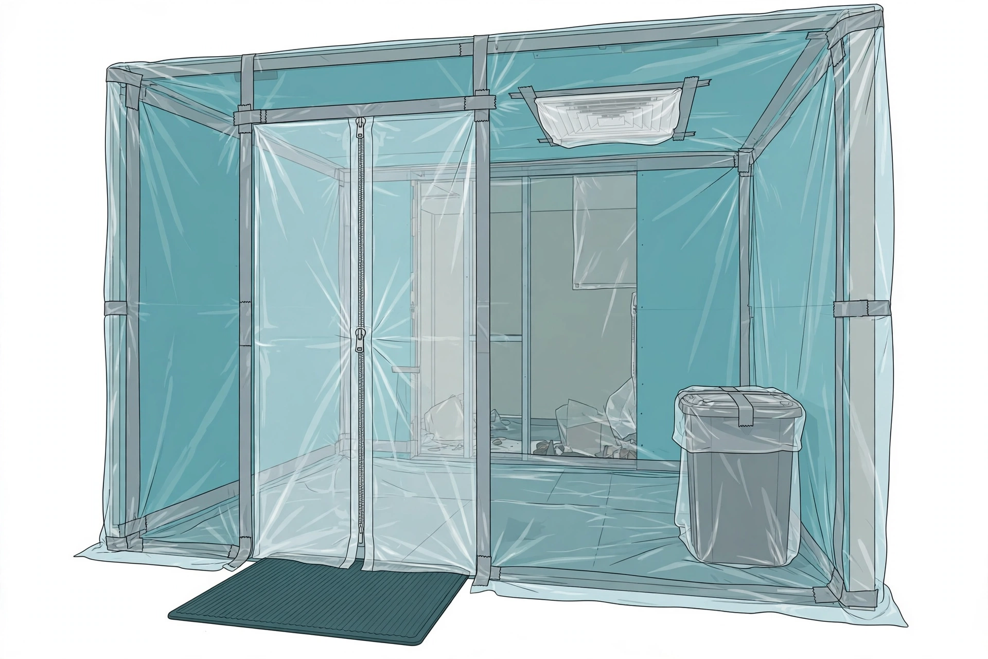 Class III ICRA containment with sealed polyethylene barrier, zipper door, sealed HVAC diffuser, and covered waste container