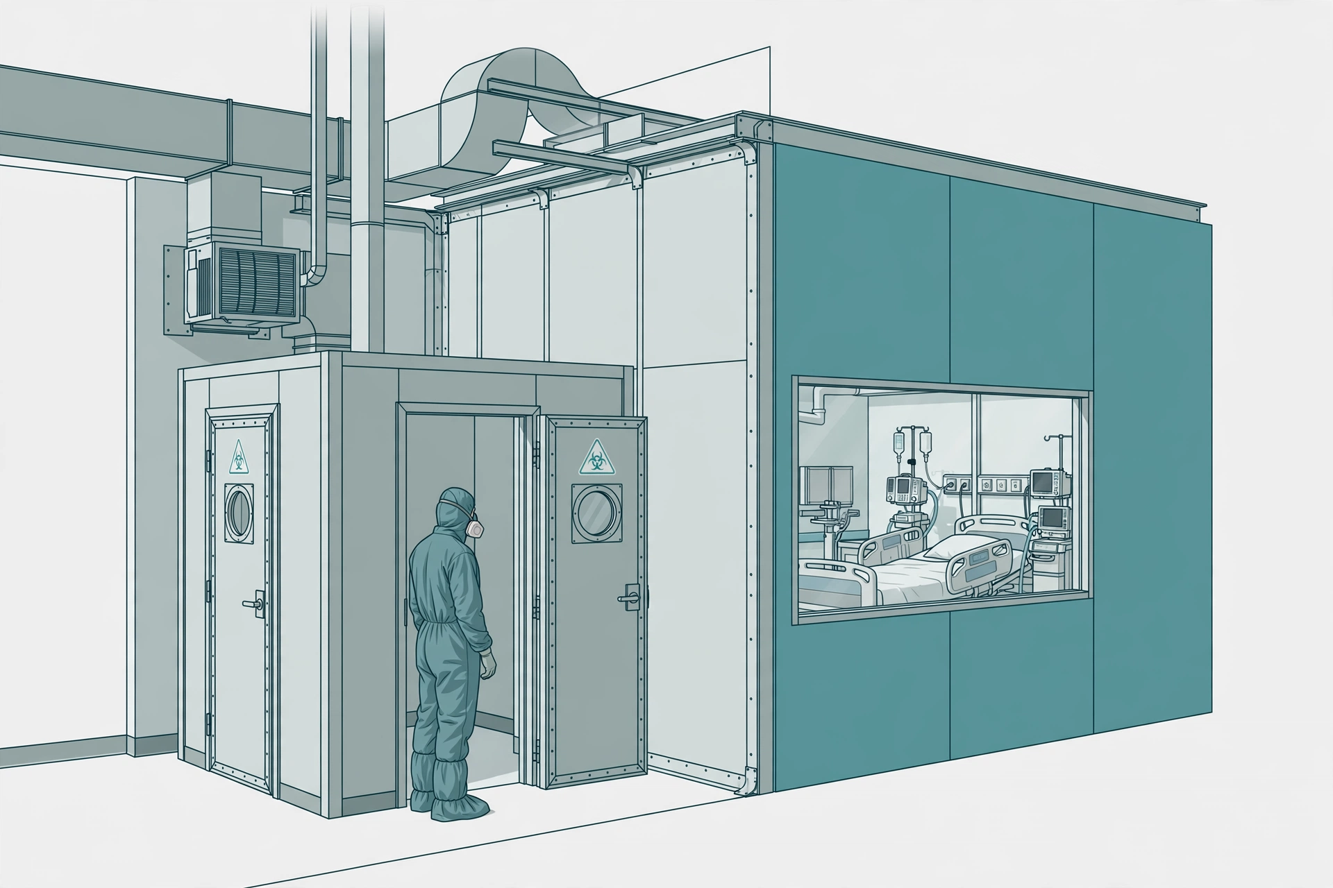 Maximum-level Class V ICRA containment outside an intensive care unit with hard barrier, anteroom, and HEPA exhaust
