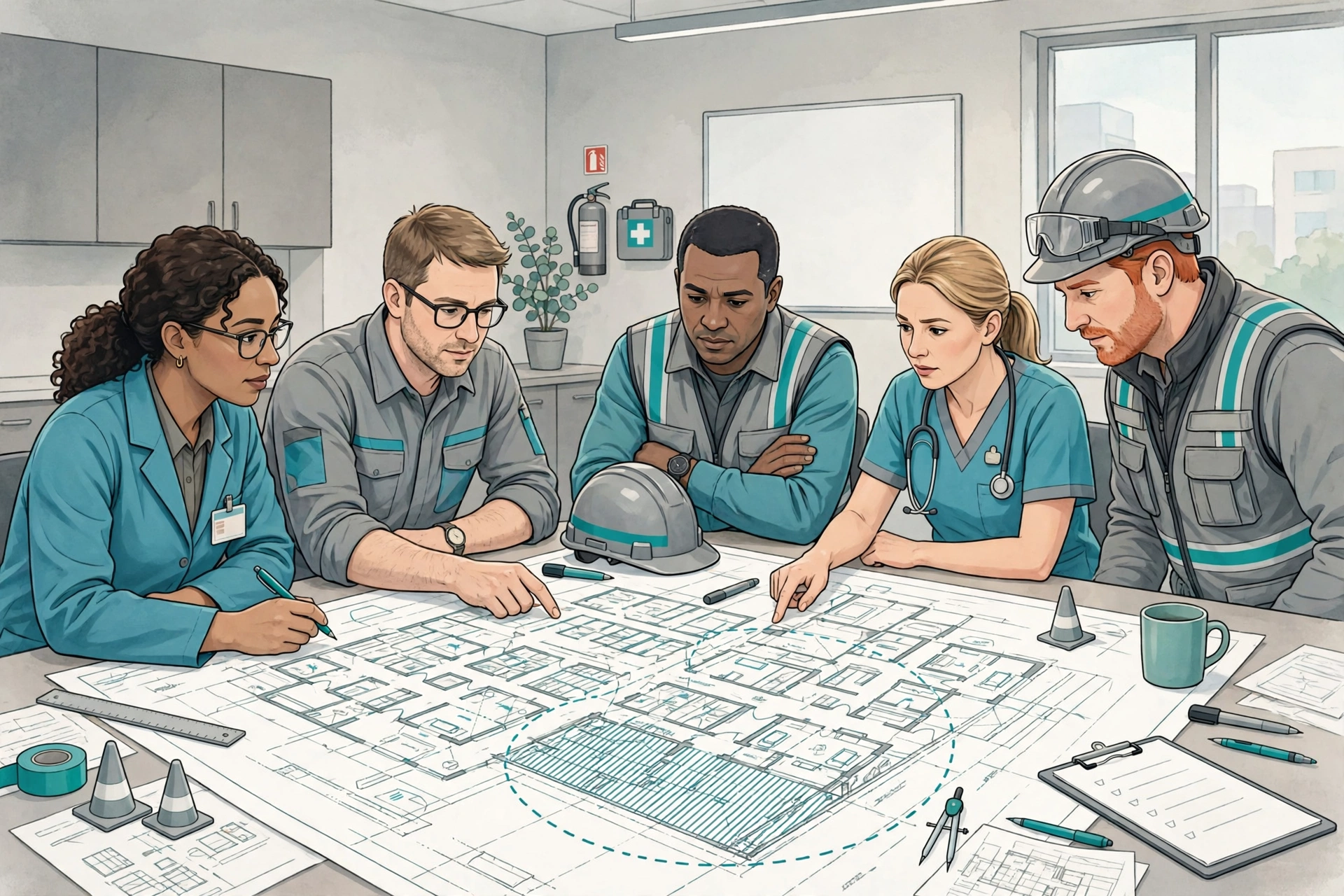 Multidisciplinary ICRA team meeting around a hospital floor plan reviewing a construction zone
