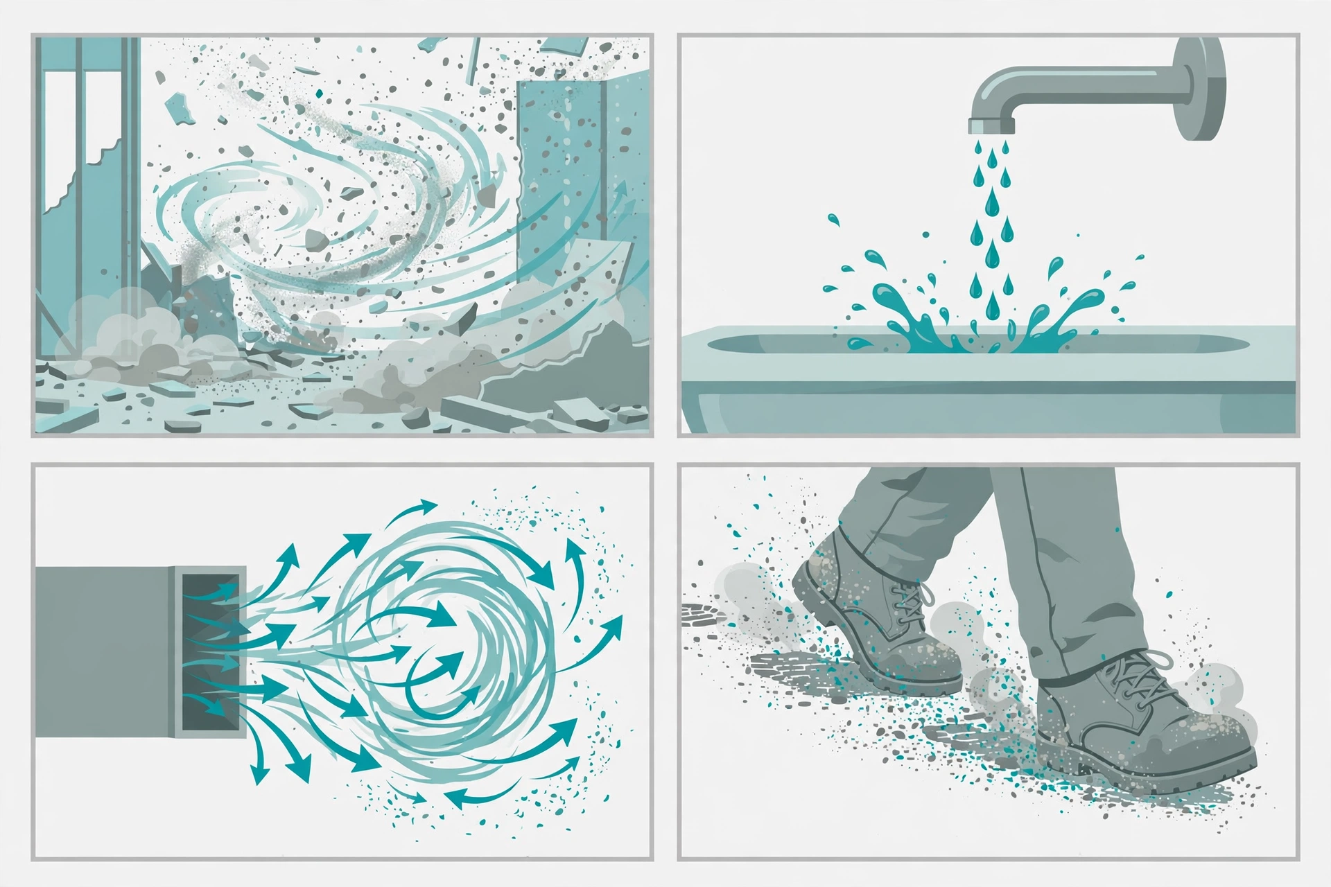 Four infection pathways from construction: airborne dust, water droplets, HVAC disruption, worker movement