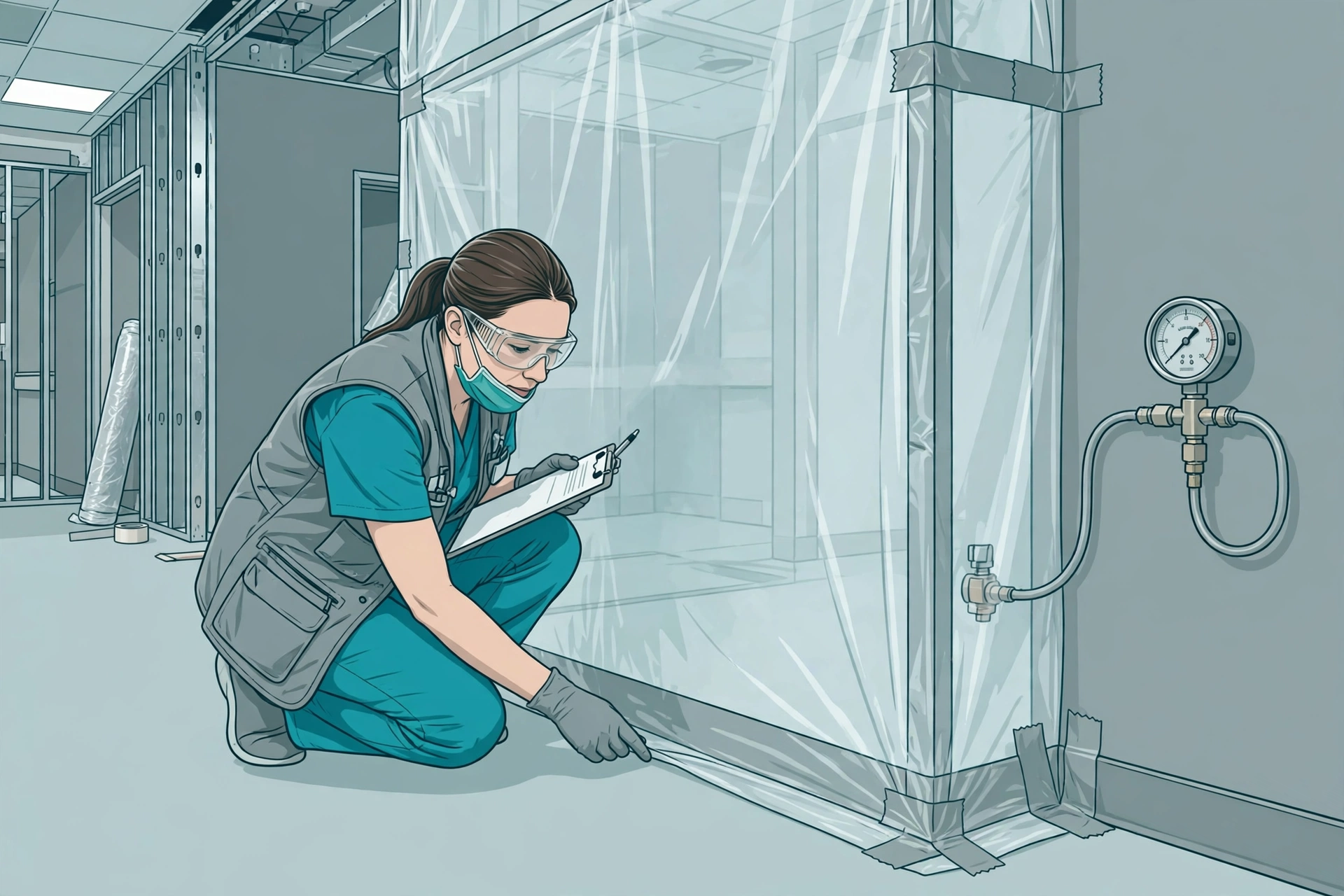 Infection preventionist inspecting a construction containment barrier seal with pressure gauge visible