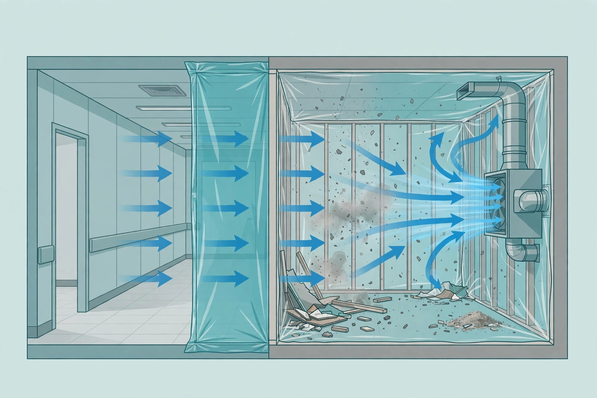 Diagram showing negative air pressure keeping construction dust inside a hospital work zone