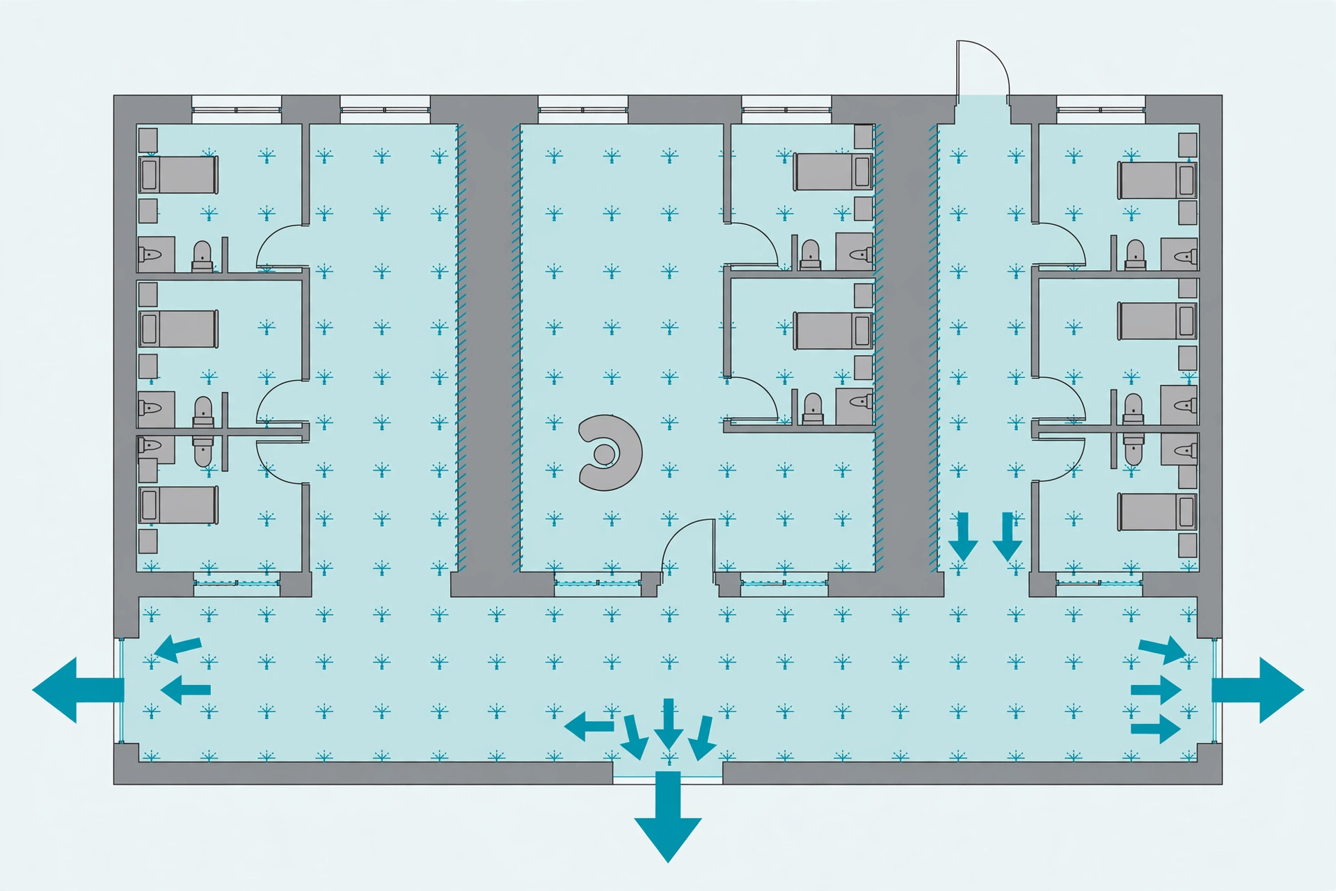 Hospital floor plan diagram showing smoke compartments, wide corridors, sprinklers, and exit routes