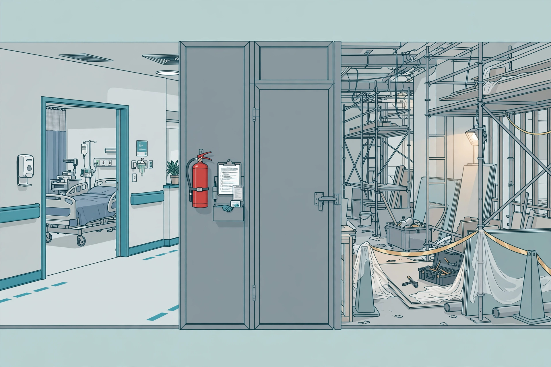 Temporary rated barrier separating an active hospital construction zone from an occupied patient corridor