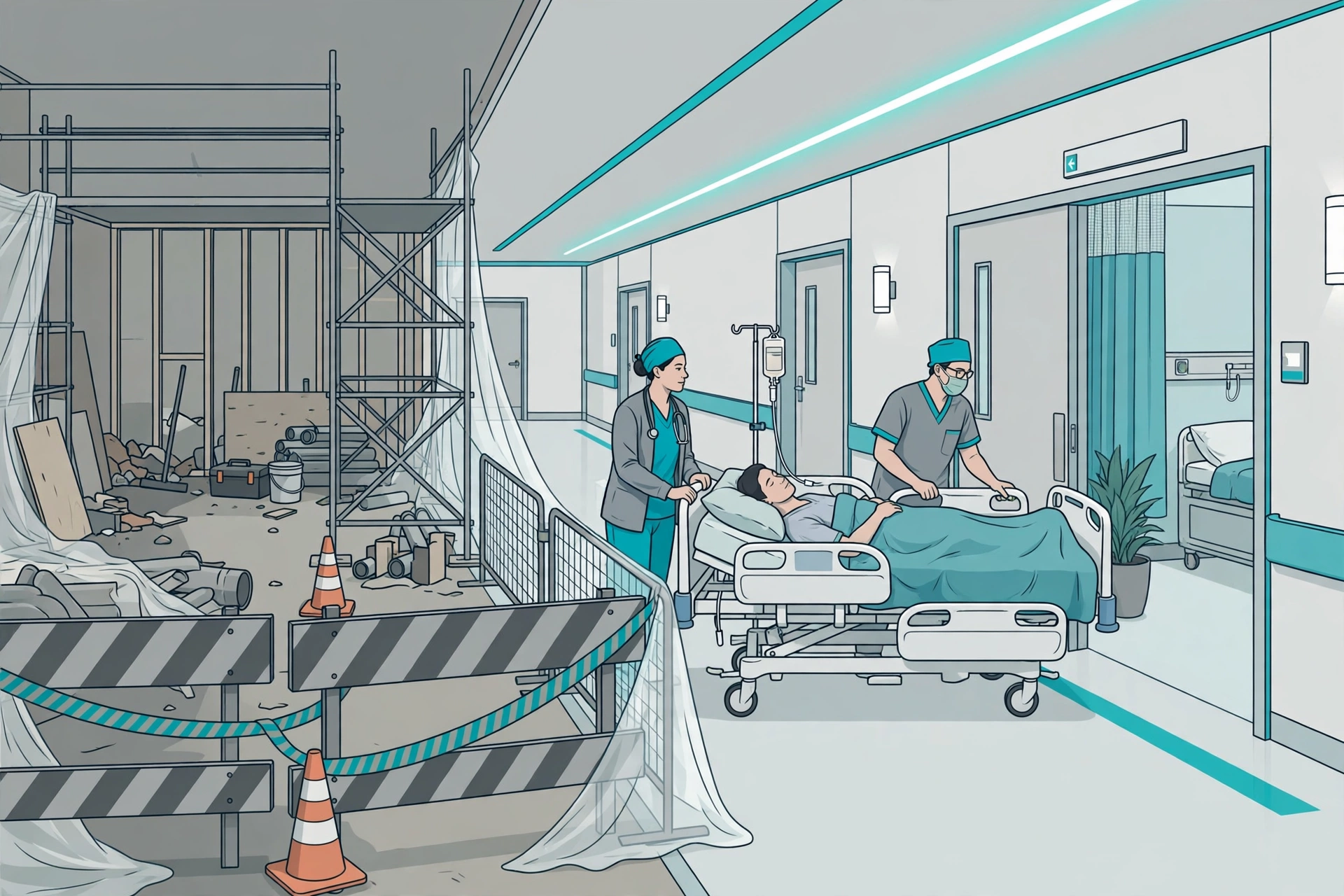 Patient being moved on a bed down a corridor away from a marked construction zone