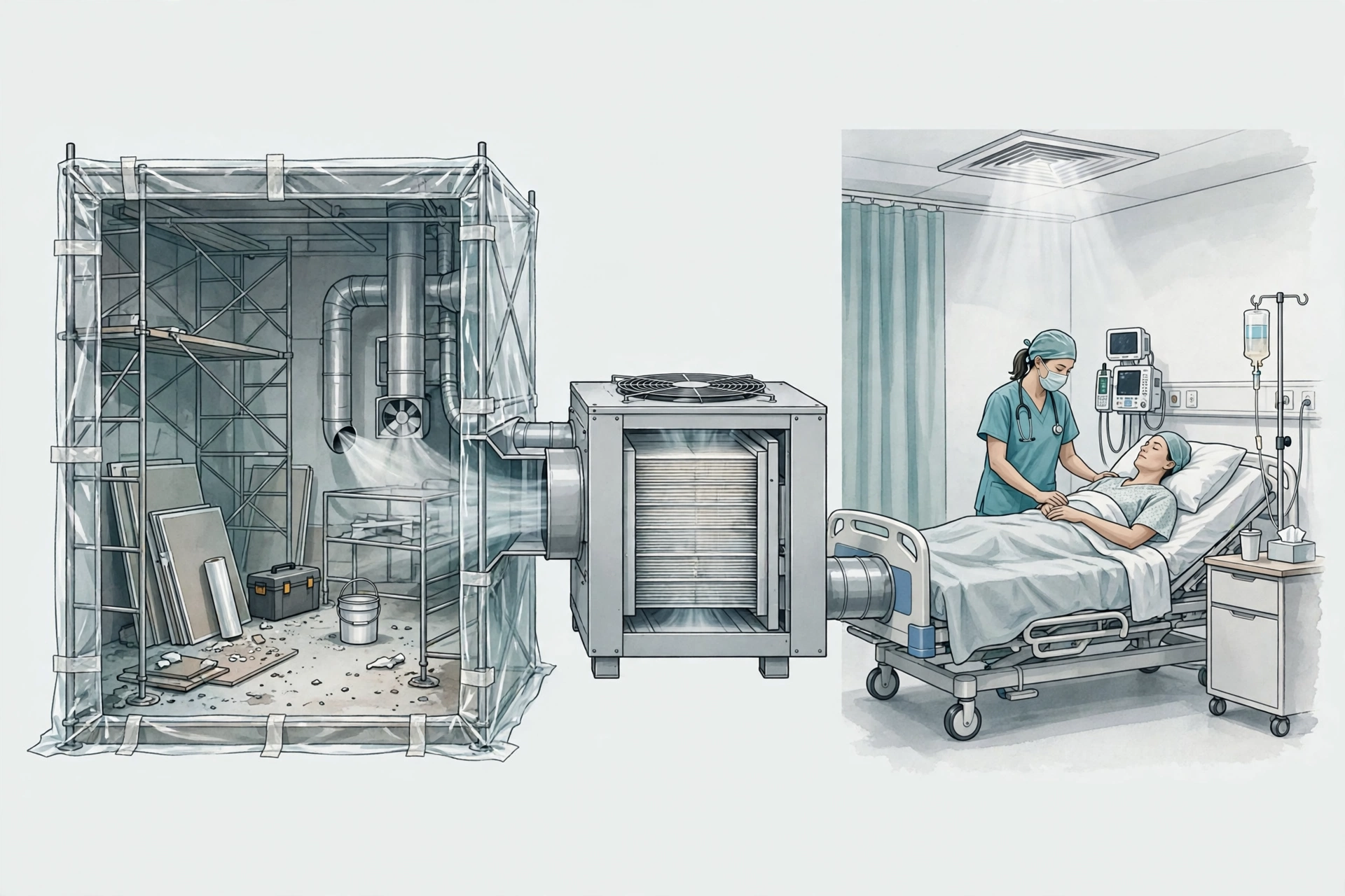 Layered protection around a patient room with construction barrier, negative pressure, and HEPA filtration