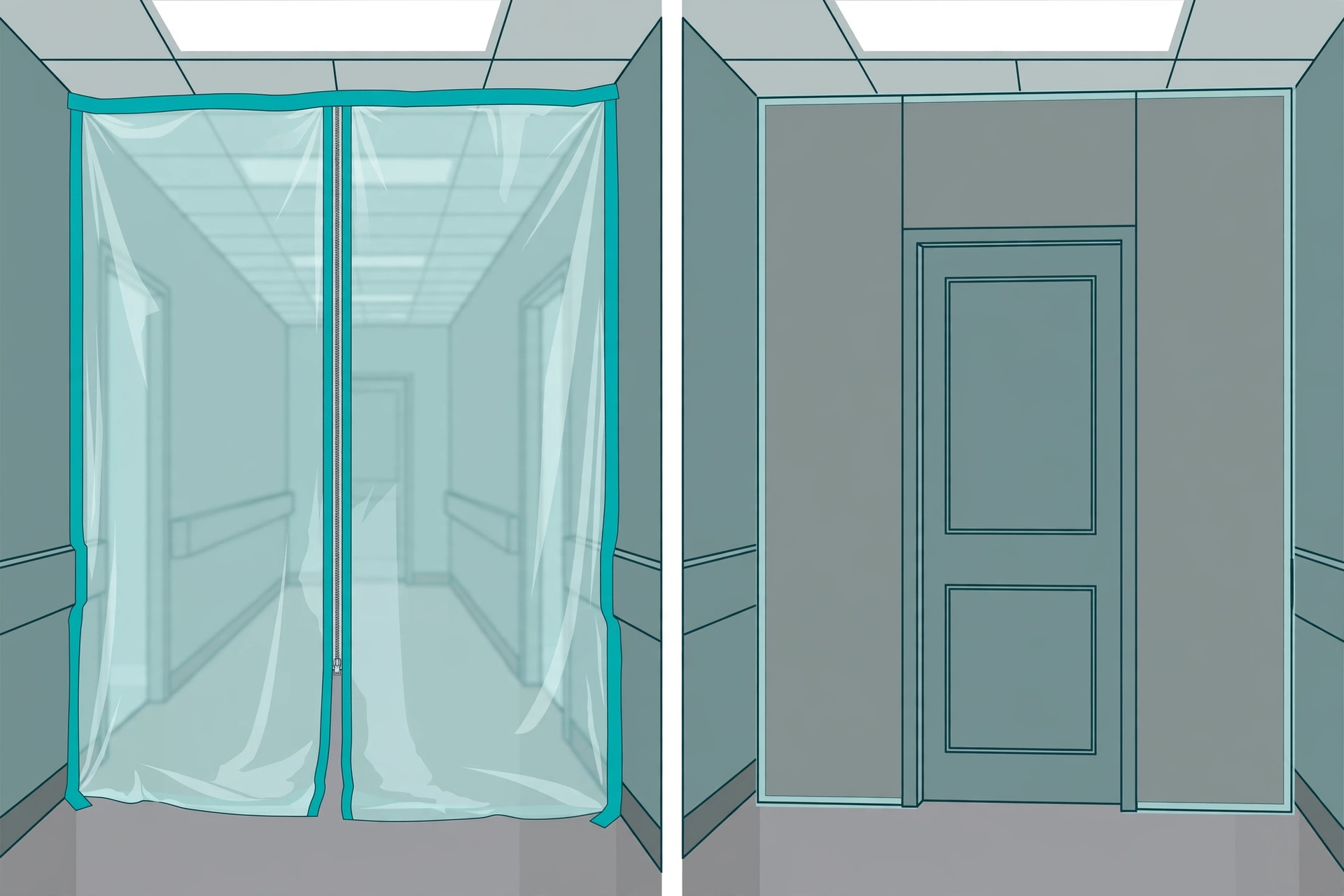 Side-by-side comparison of a soft polyethylene sheeting containment barrier and a hard drywall containment barrier in a hospital corridor