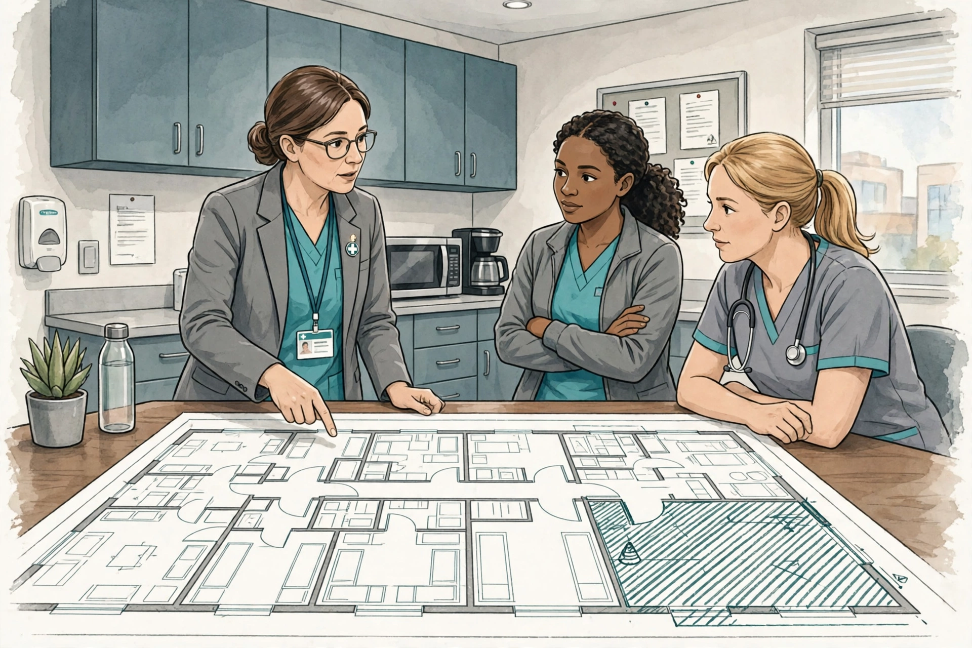 Pre-construction briefing with infection preventionist presenting floor plan to nurses