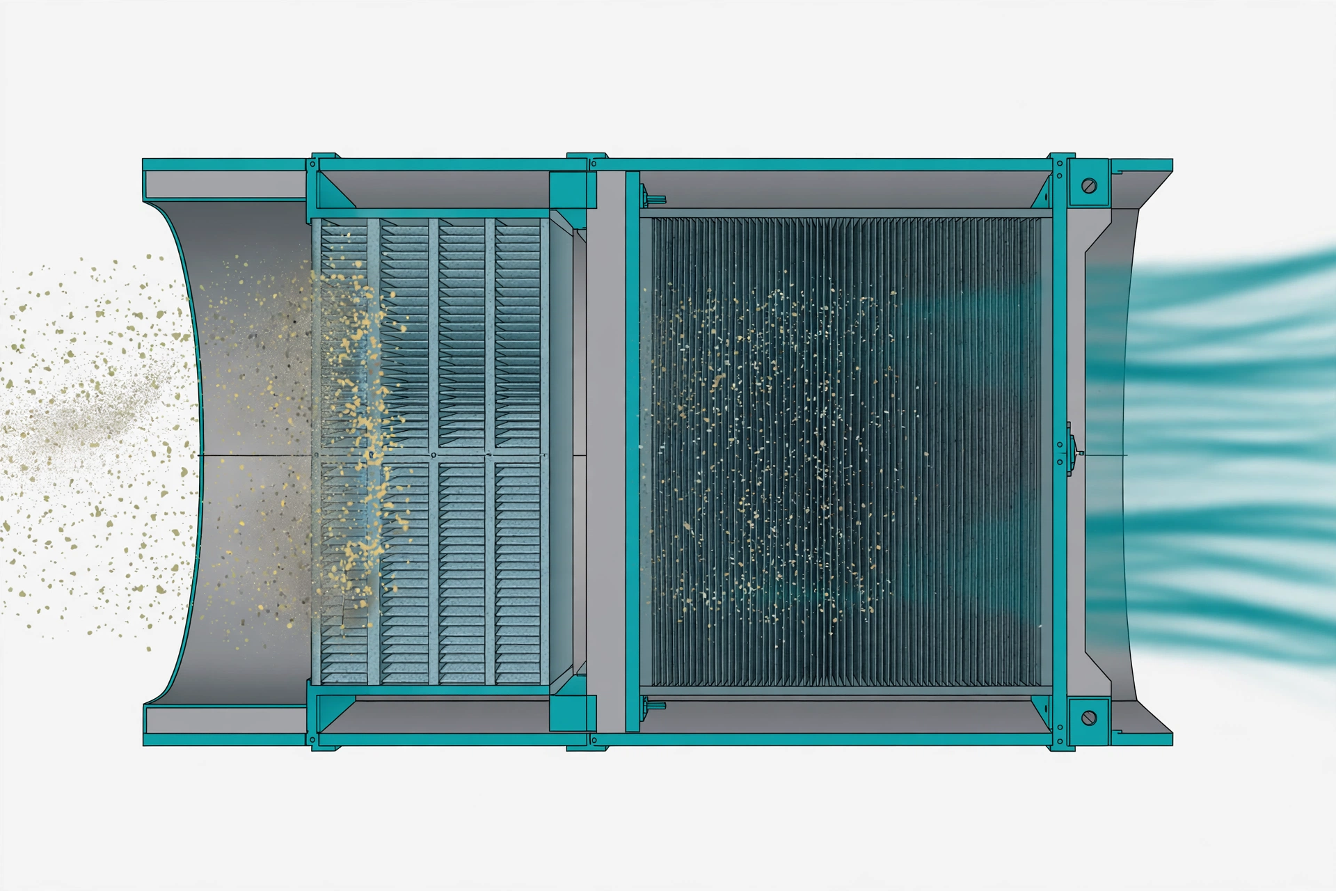 Hospital HVAC filter banks in series capturing particles at prefilter and final filter stages