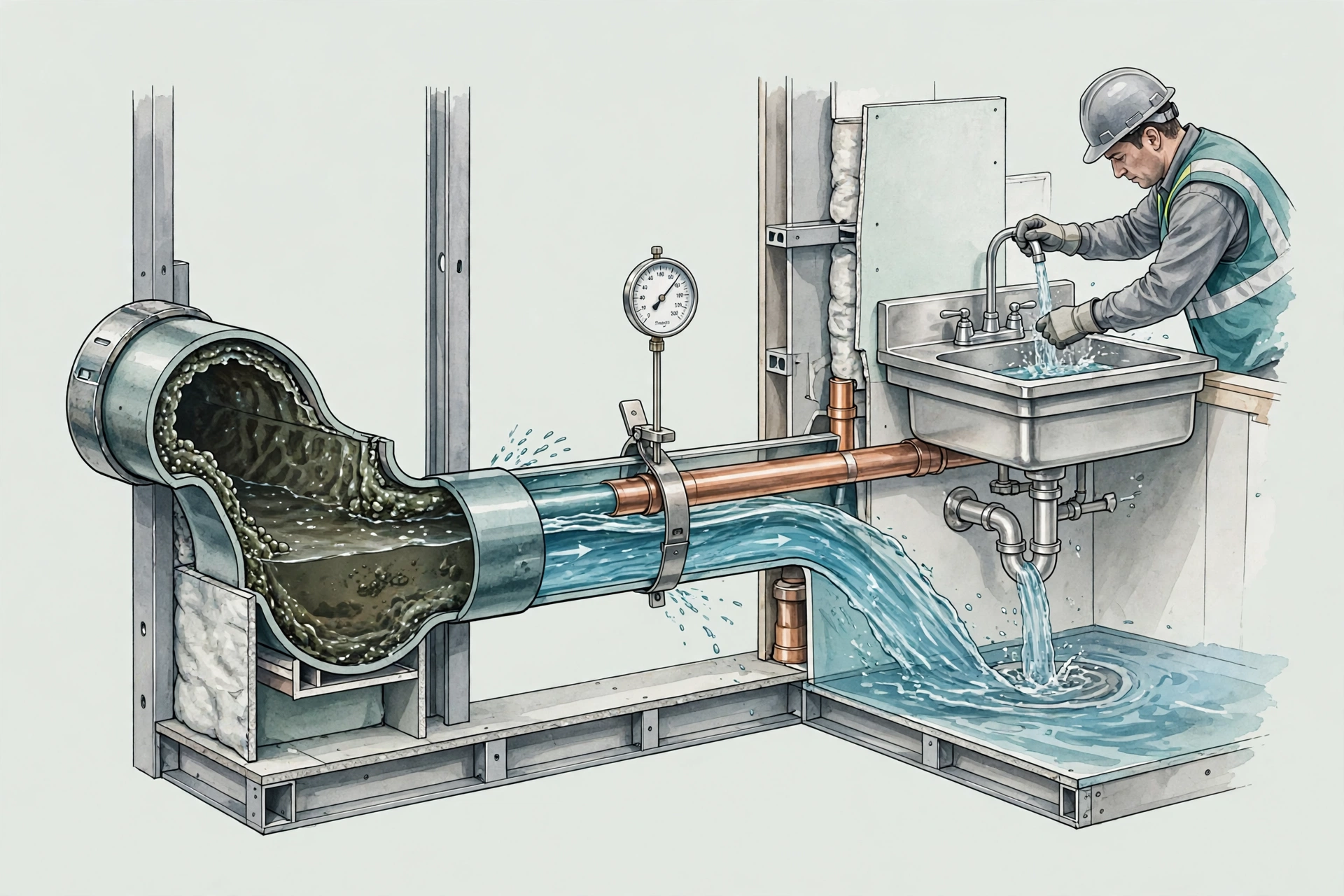 Cutaway of hospital water piping showing dead leg with biofilm, temperature gauge, and flushing