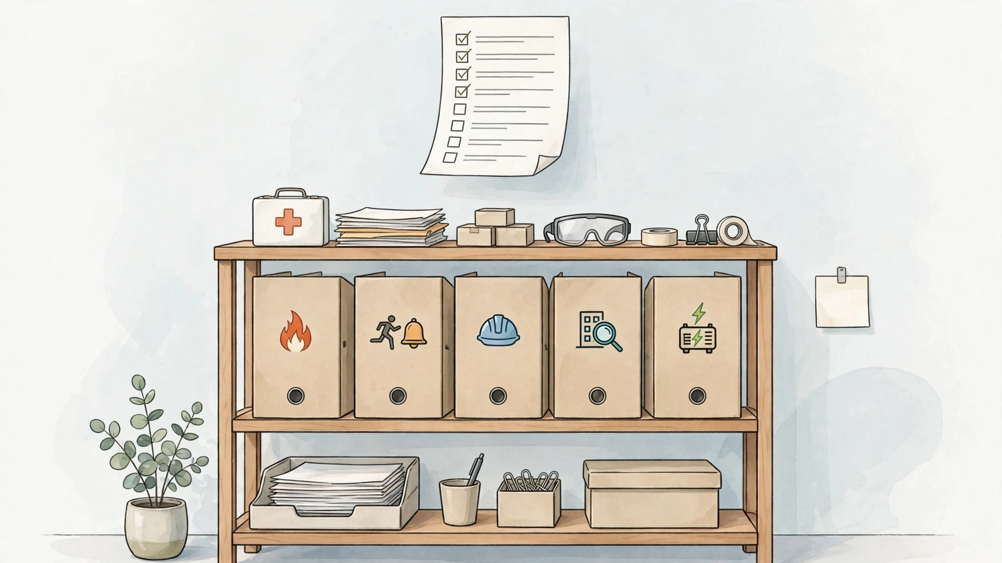 Survey-ready documentation station with organized binders for fire systems, drills, ILSM, and building assessment