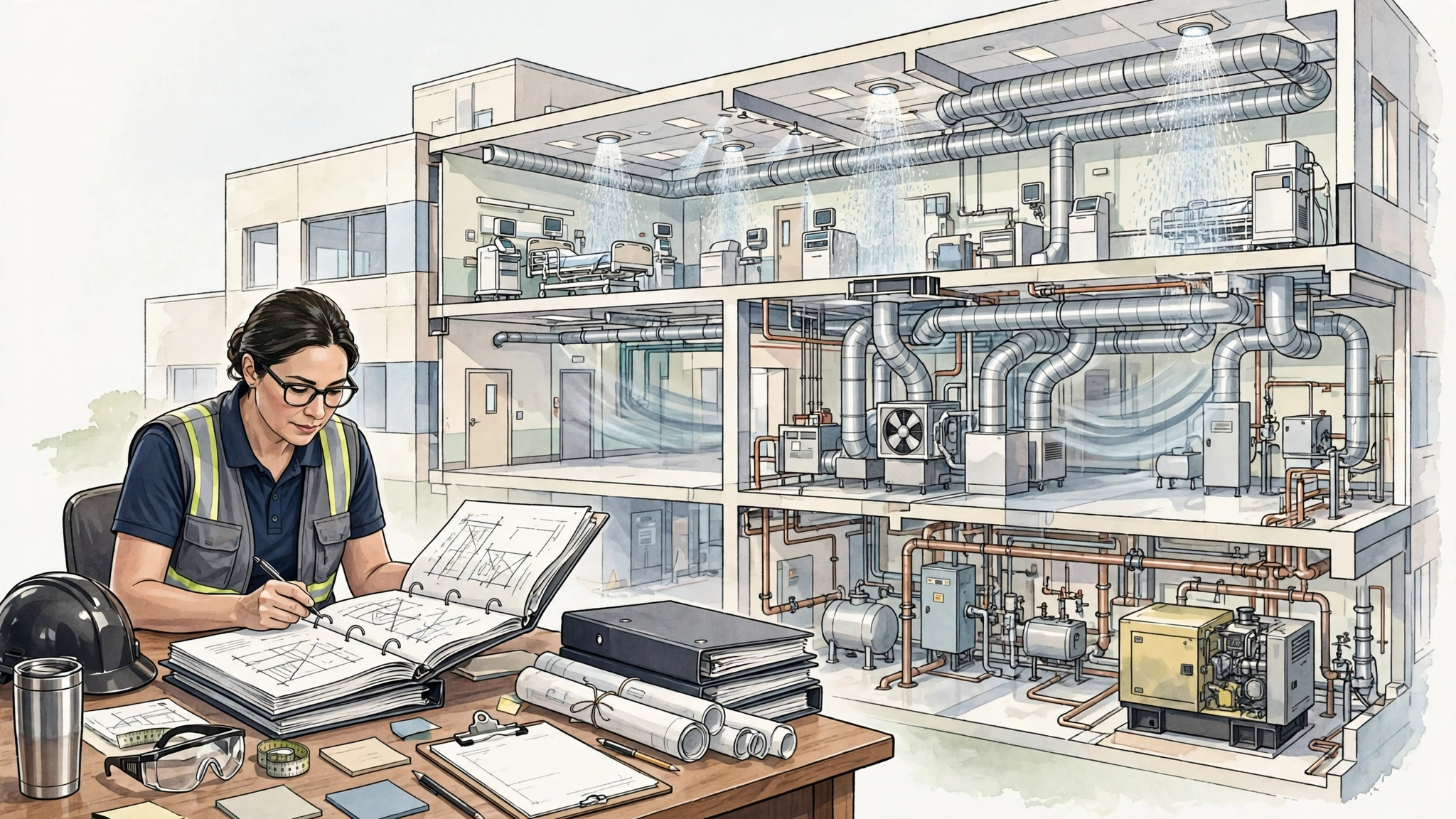 Facility manager reviewing Environment of Care management plans with hospital building cutaway showing safety systems