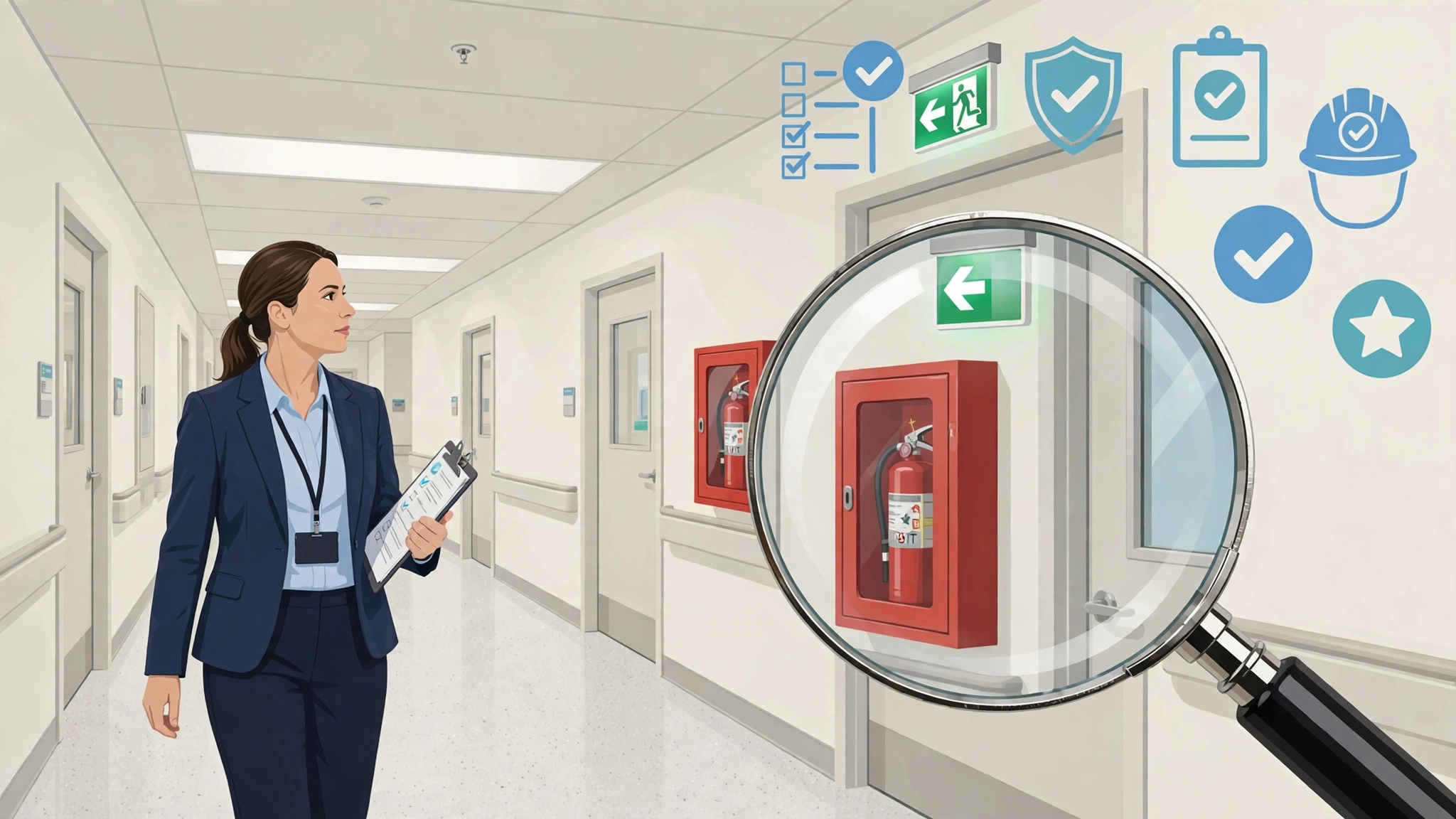Joint Commission surveyor with clipboard inspecting a hospital corridor, magnifying glass over fire extinguisher and exit sign