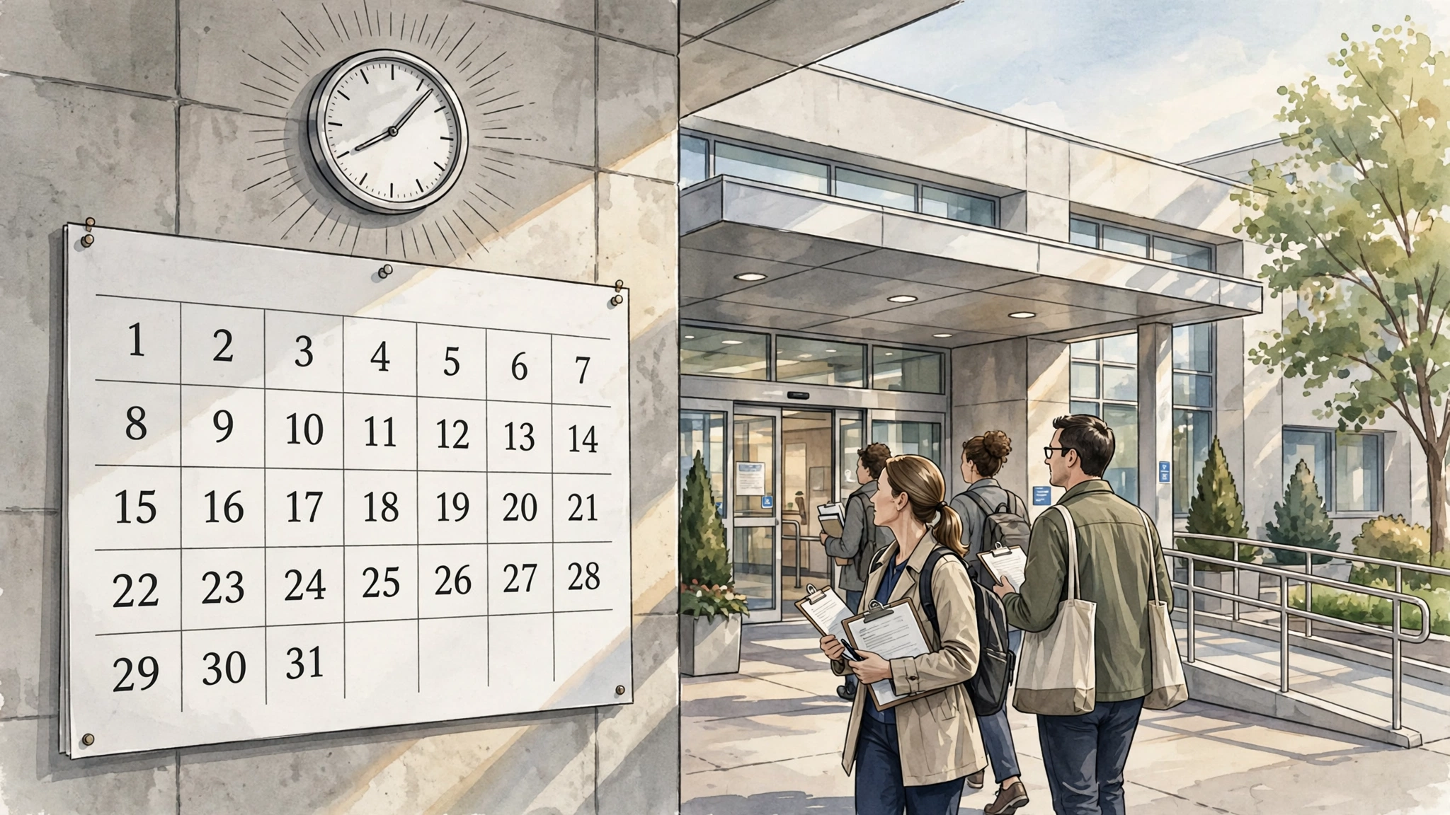 Wall calendar in front of a hospital entrance as an unannounced survey team arrives with clipboards
