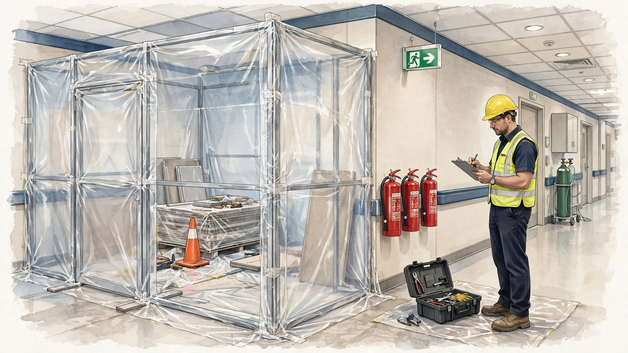 Hospital construction zone with interim life safety measures: smoketight partition, fire extinguishers, alternate exit signage