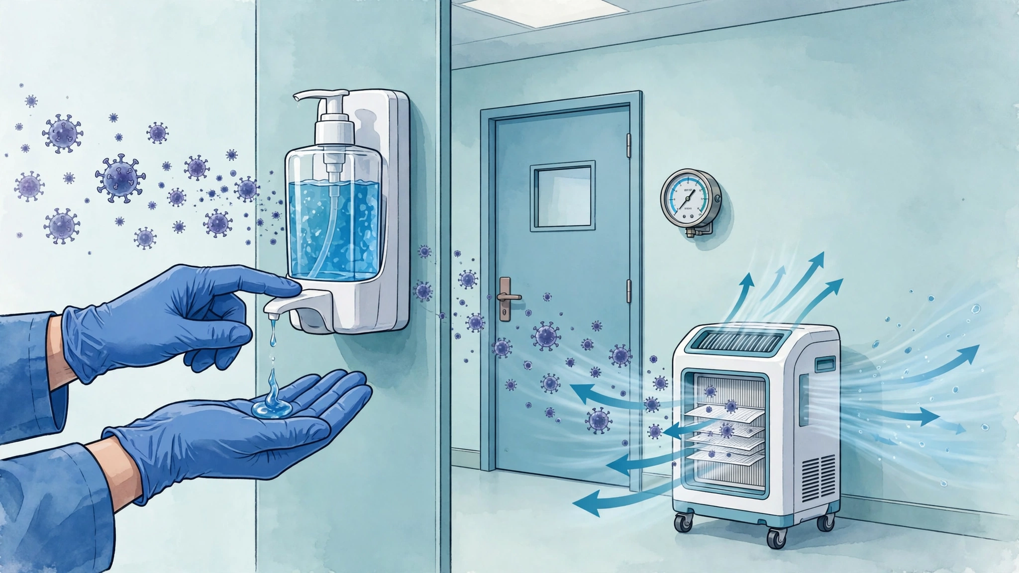 Infection prevention in a hospital: gloved hands at sanitizer, isolation room pressure monitor, HEPA filter
