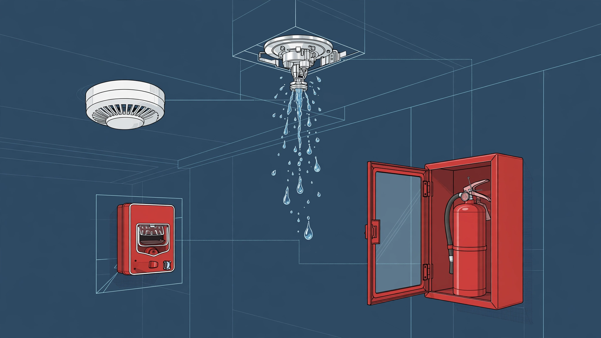 Hospital fire protection systems cutaway: sprinkler, fire alarm pull station, smoke detector, extinguisher cabinet