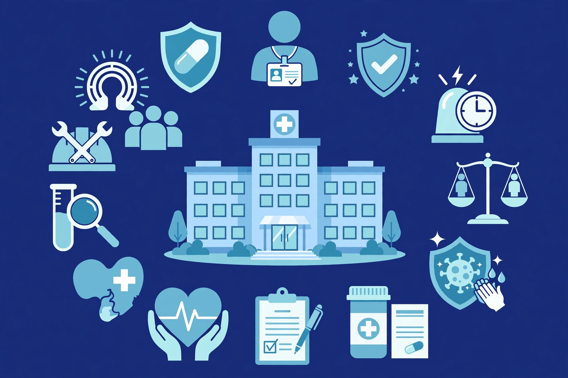 Fourteen patient safety goal icons arranged around a central hospital building