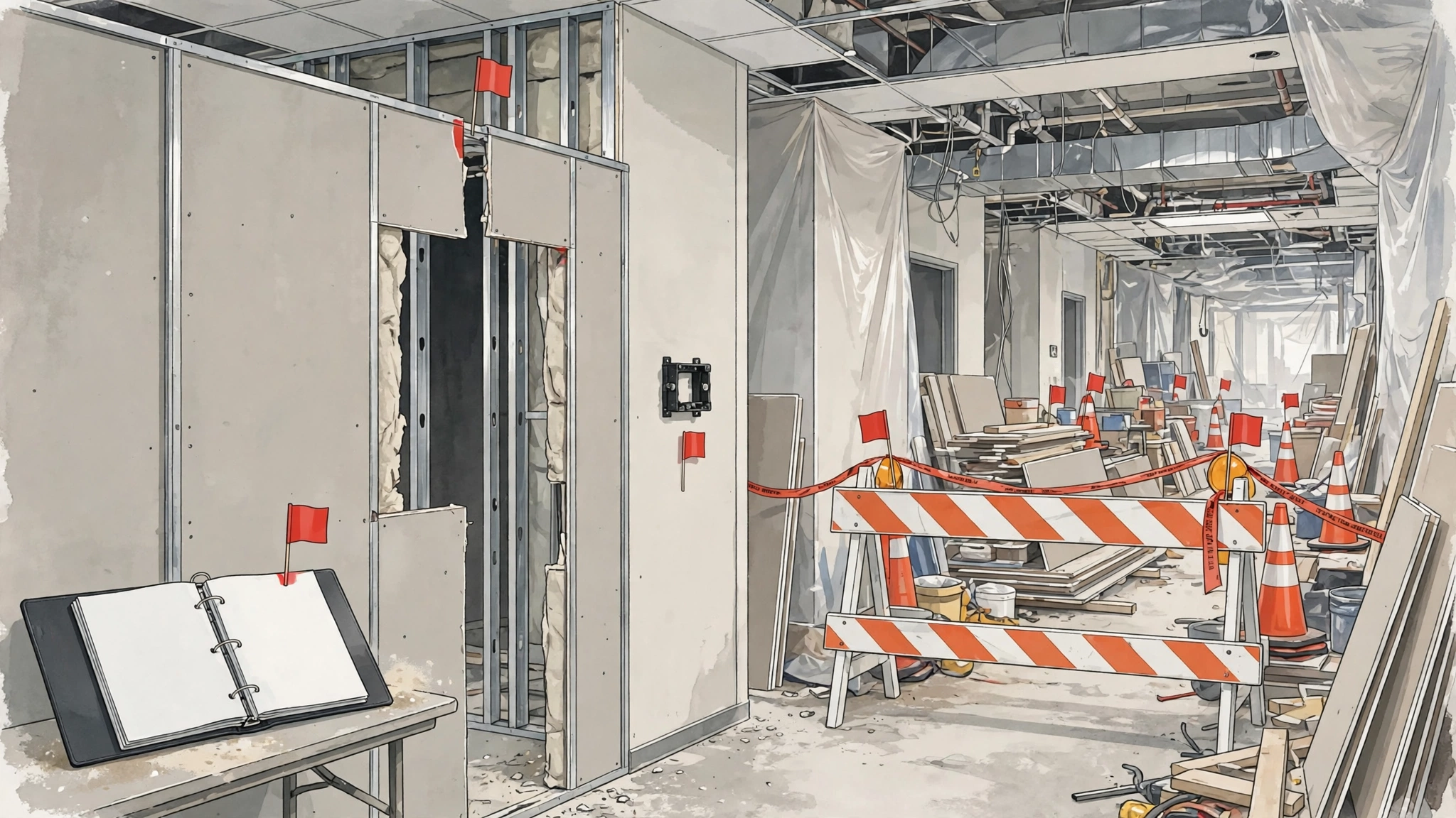 Surveyor's view of common interim life safety measure failures: gap in temporary partition, missing exit sign, empty inspection log, blocked corridor