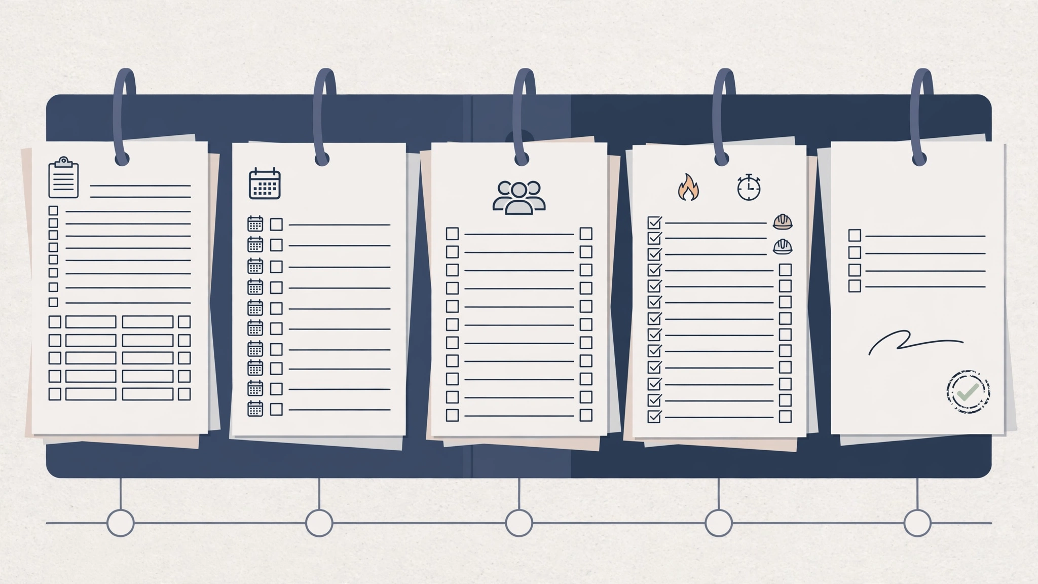 Chronological ILSM documentation record: assessment form, daily inspection log, training sheets, drill records, termination sign-off in a timeline binder