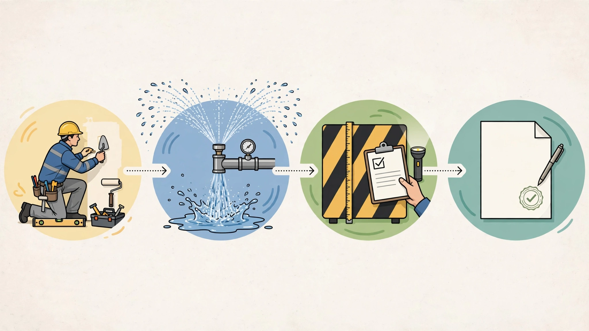 Construction closeout timeline: worker finishing, sprinkler testing, barrier verification, signed completion document