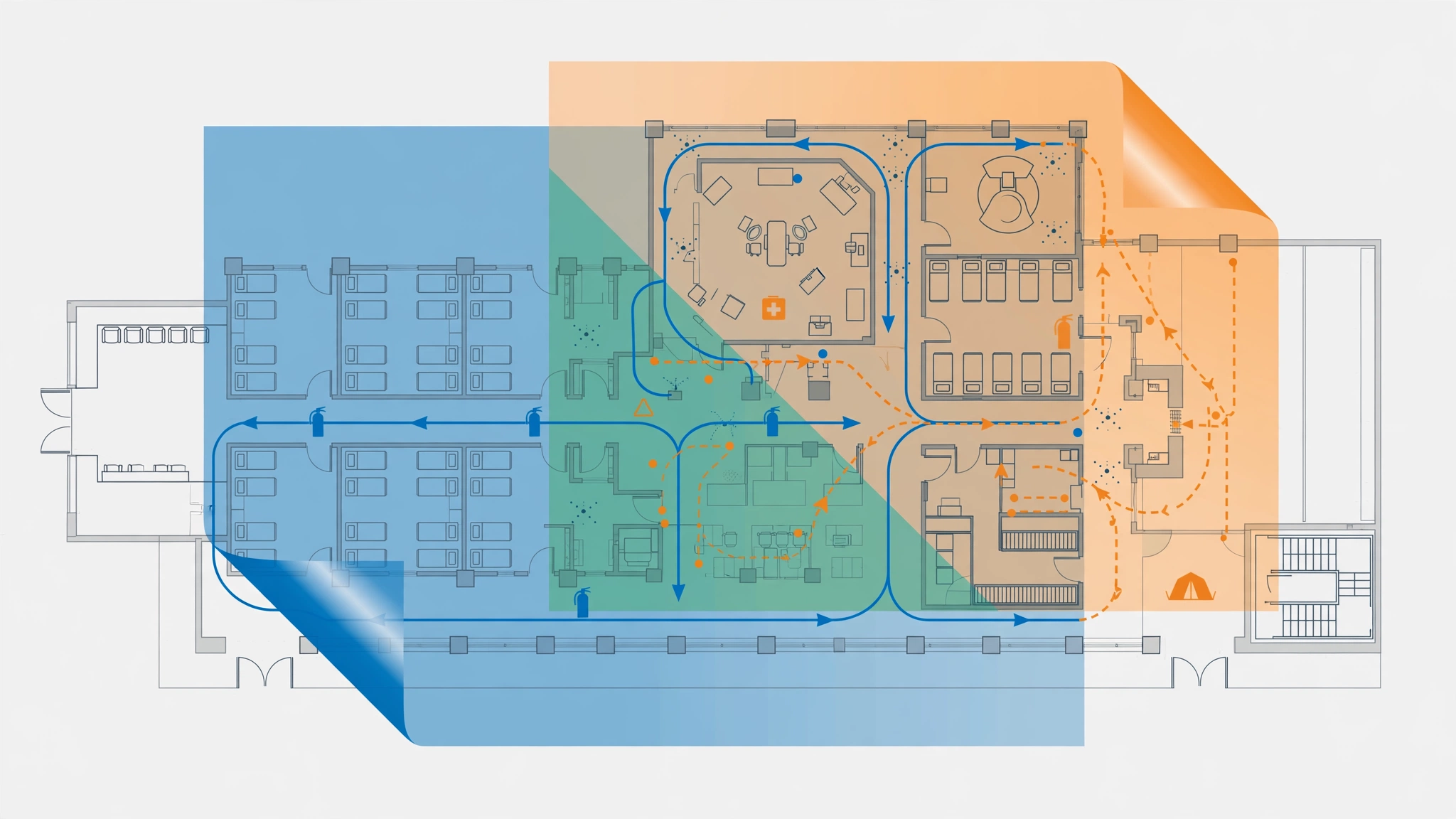 Two layered transparent plans over a hospital floor: permanent fire safety plan and temporary interim-measures overlay merging into one