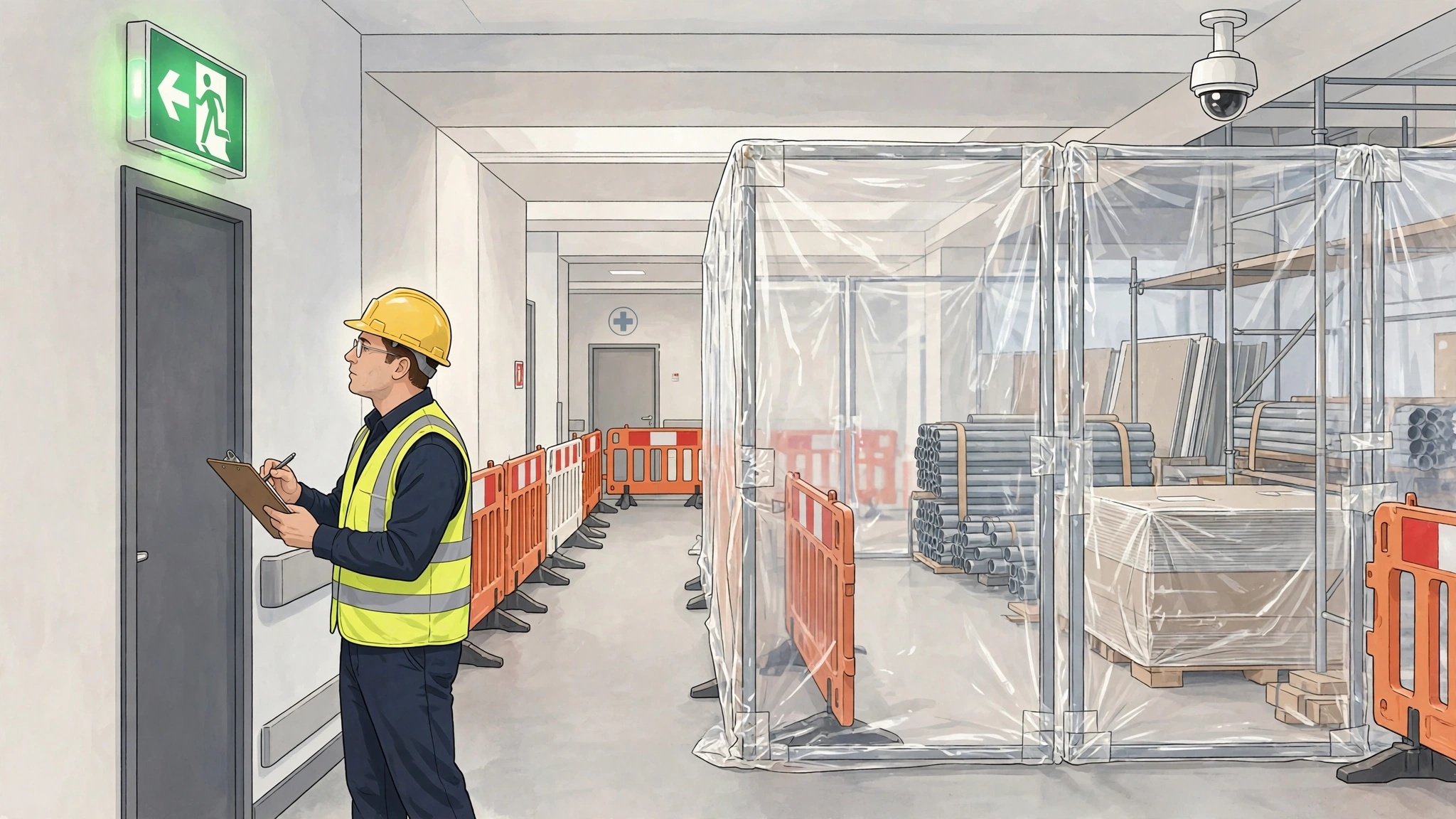 Safety officer checking interim life safety measures at a hospital construction zone: exit sign, fire extinguisher, smoketight partition, surveillance camera