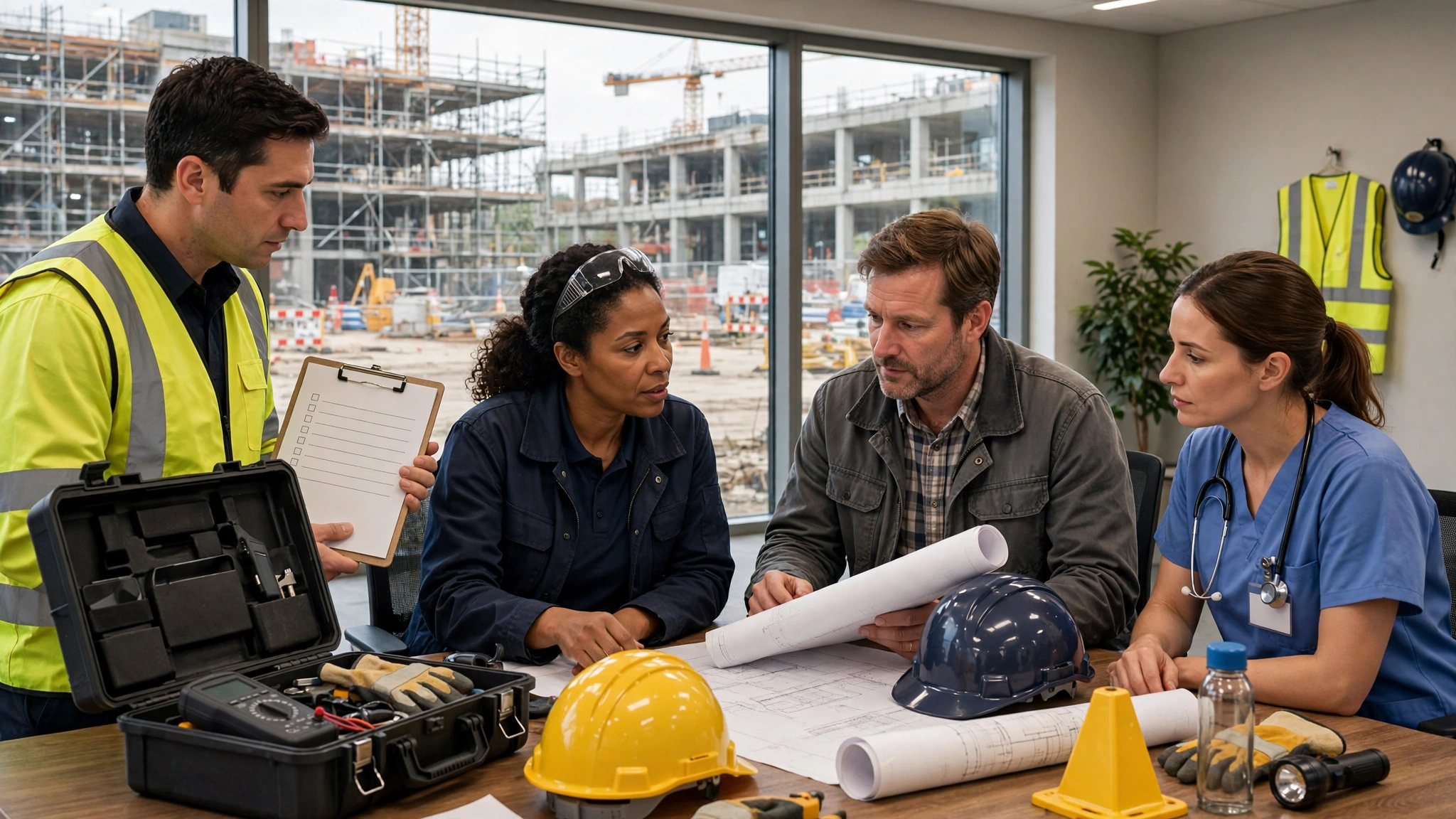Team coordinating interim life safety measures: safety officer, facilities manager, construction manager, and nurse around a table