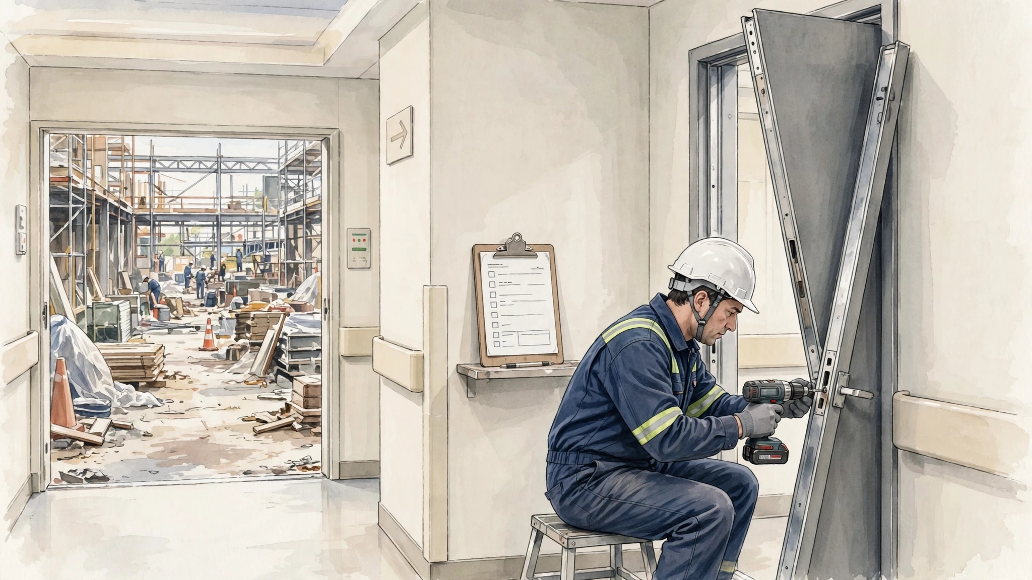 Small hospital renovation: worker replacing a smoke door in a corridor with a one-page assessment form on a clipboard