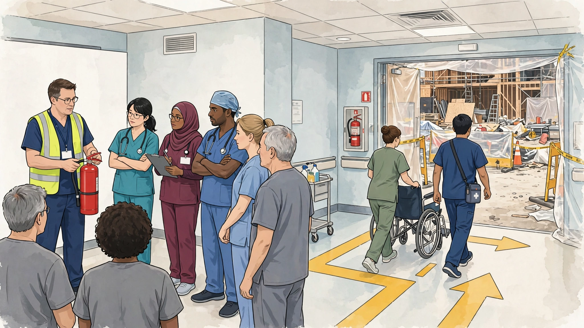 Hospital staff training session on interim life safety measures: instructor demonstrating fire extinguisher, staff practicing evacuation