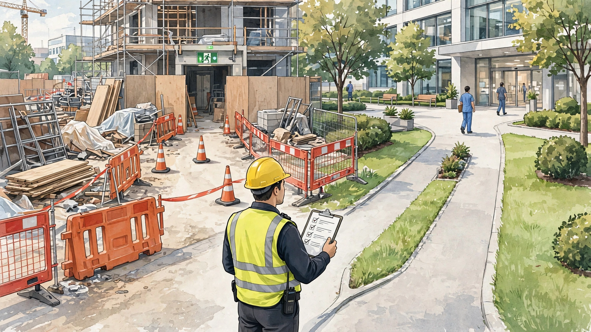 Safety officer at a decision point: construction blocking an egress path triggers protective measures while unaffected areas continue normally