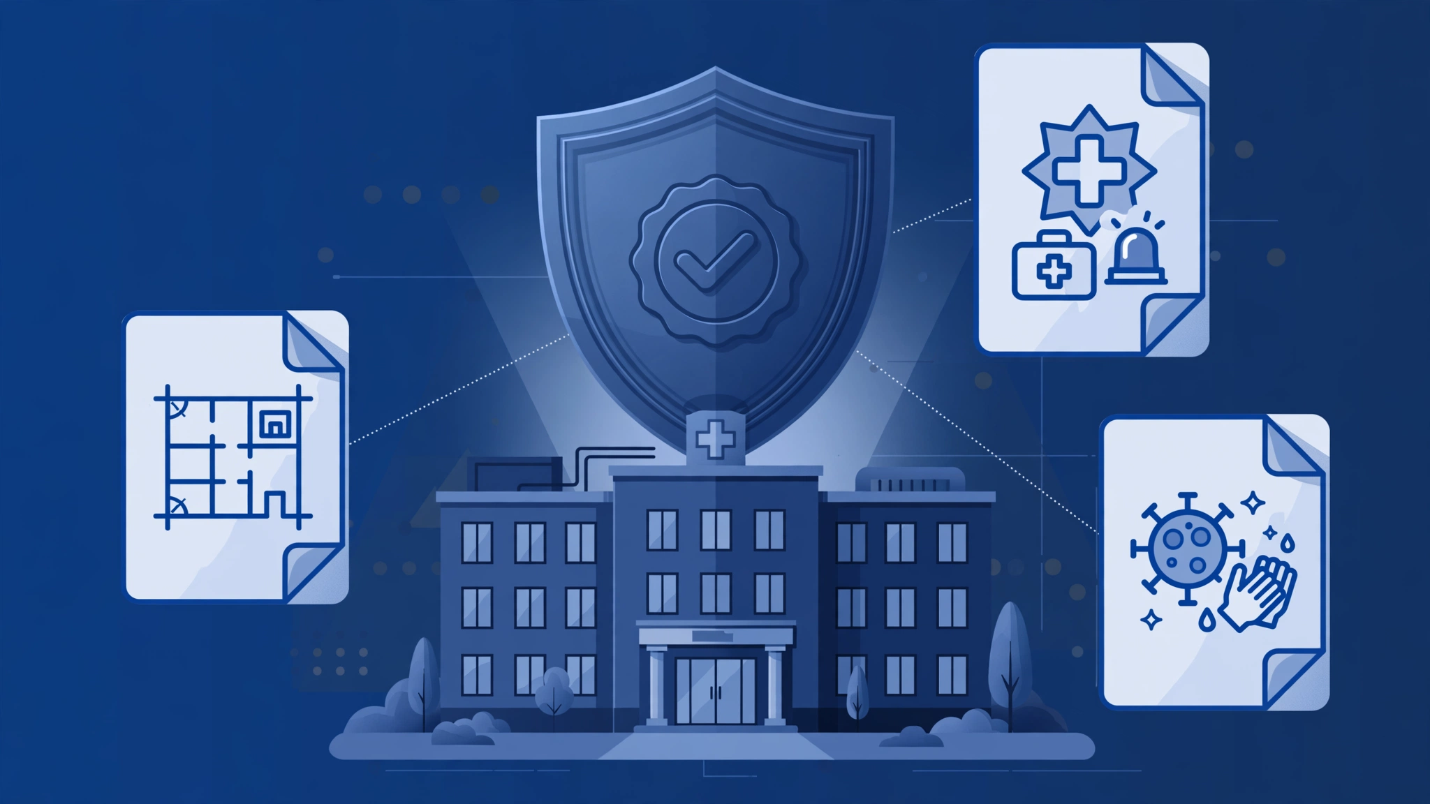 Hospital building with a compliance shield and document icons for physical environment, emergency preparedness, and infection control