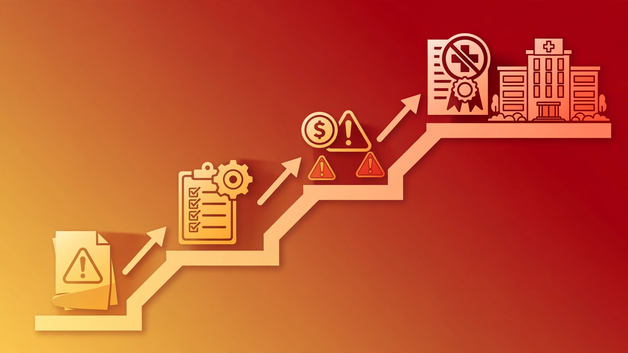Escalation ladder from deficiency notice to corrective action to payment warning to termination notice beside a hospital