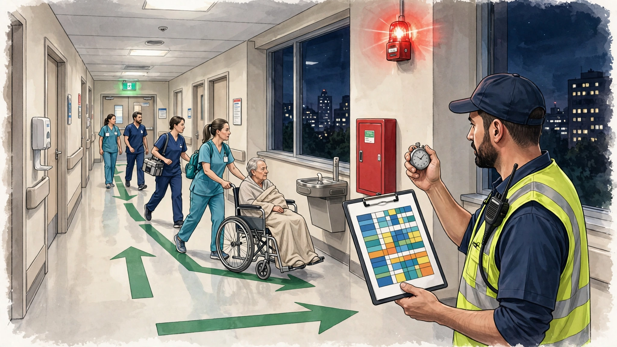 Hospital fire drill in progress: staff evacuating along a marked route, alarm sounding, coordinator with stopwatch