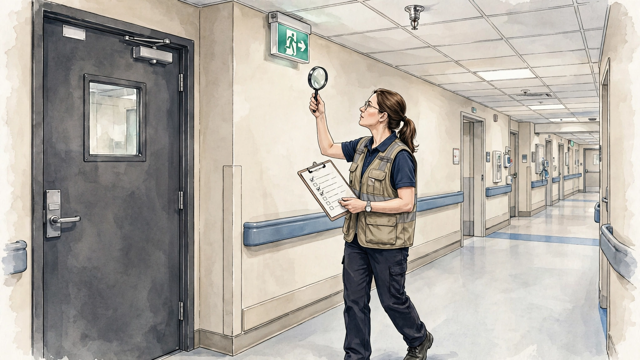 Life safety code surveyor with K-tag checklist inspecting a smoke barrier door, sprinkler, and exit sign in a hospital corridor