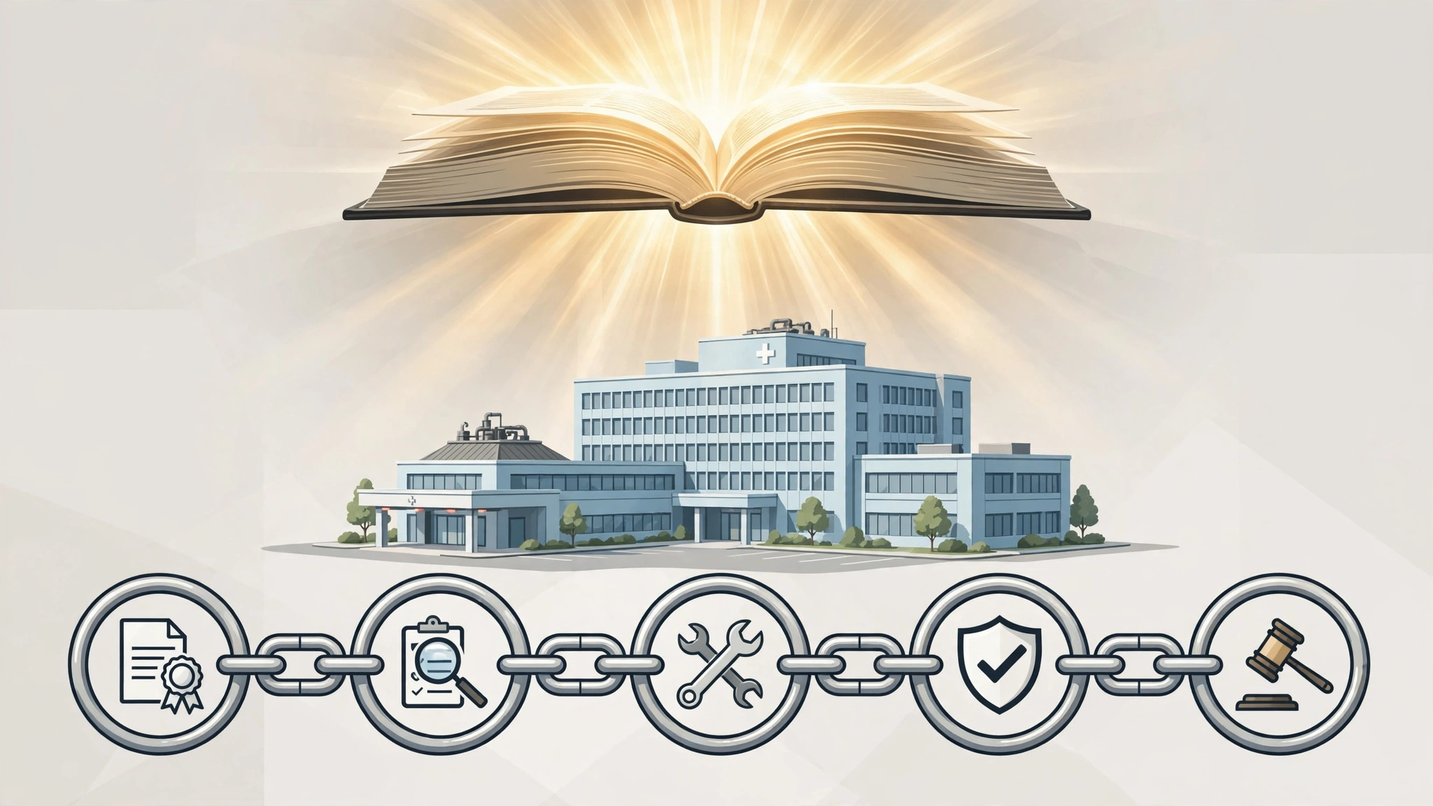 NFPA 101 Life Safety Code book radiating authority over a hospital; enforcement chain: adoption, survey, correction, validation, sanctions