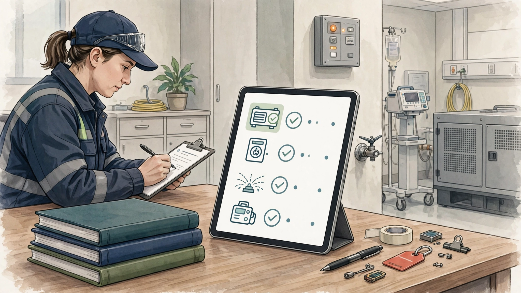 Preventive maintenance documentation: logbooks and tablet with inspection records for generator, fire alarm, sprinklers, and medical equipment