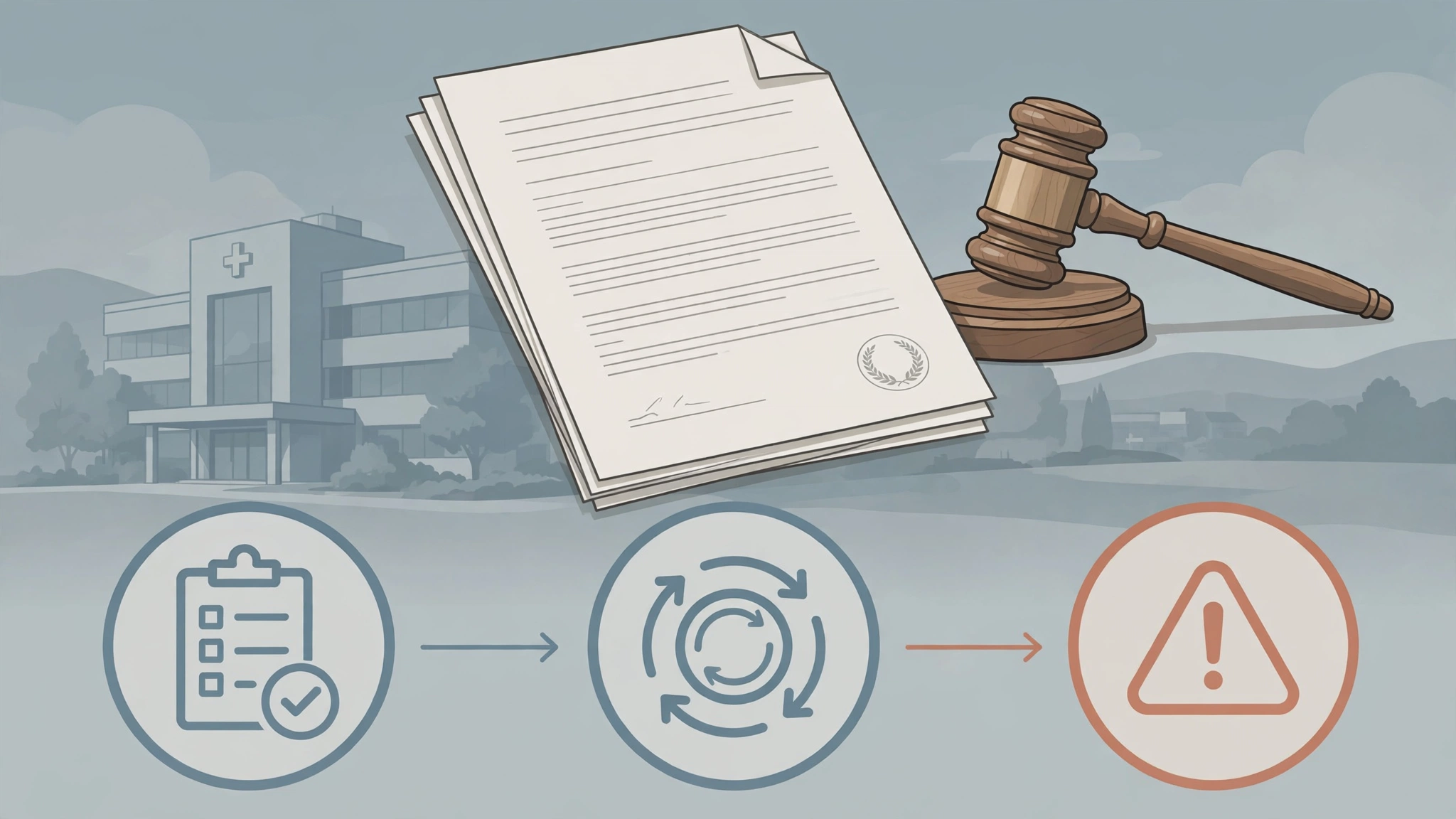 Medicare provider agreement with gavel; lesser remedy steps — corrective plan, payment symbol, penalty notice — arranged below