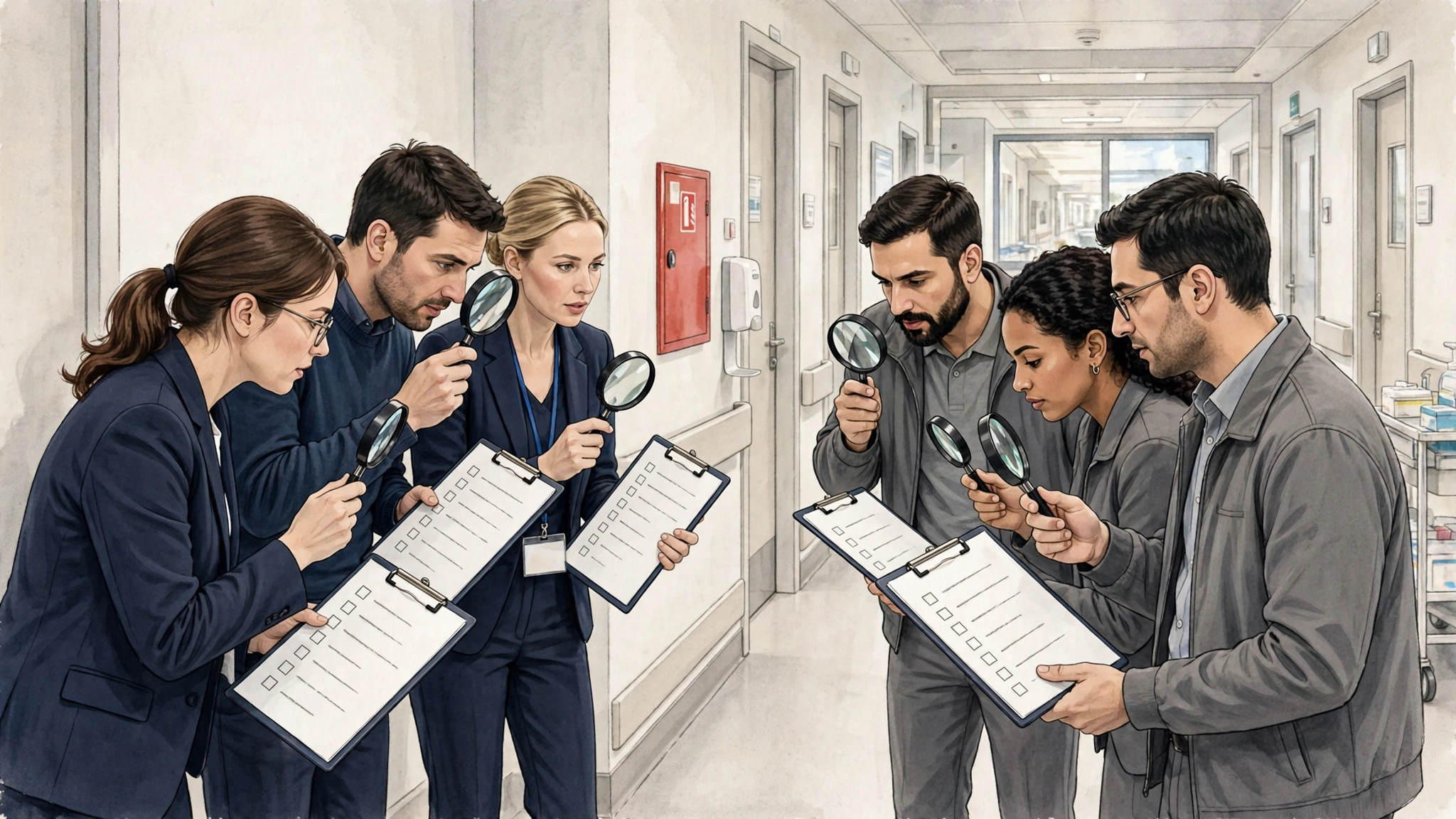 CMS validation survey: two surveyor teams comparing accreditor and federal K-tag checklists at a hospital