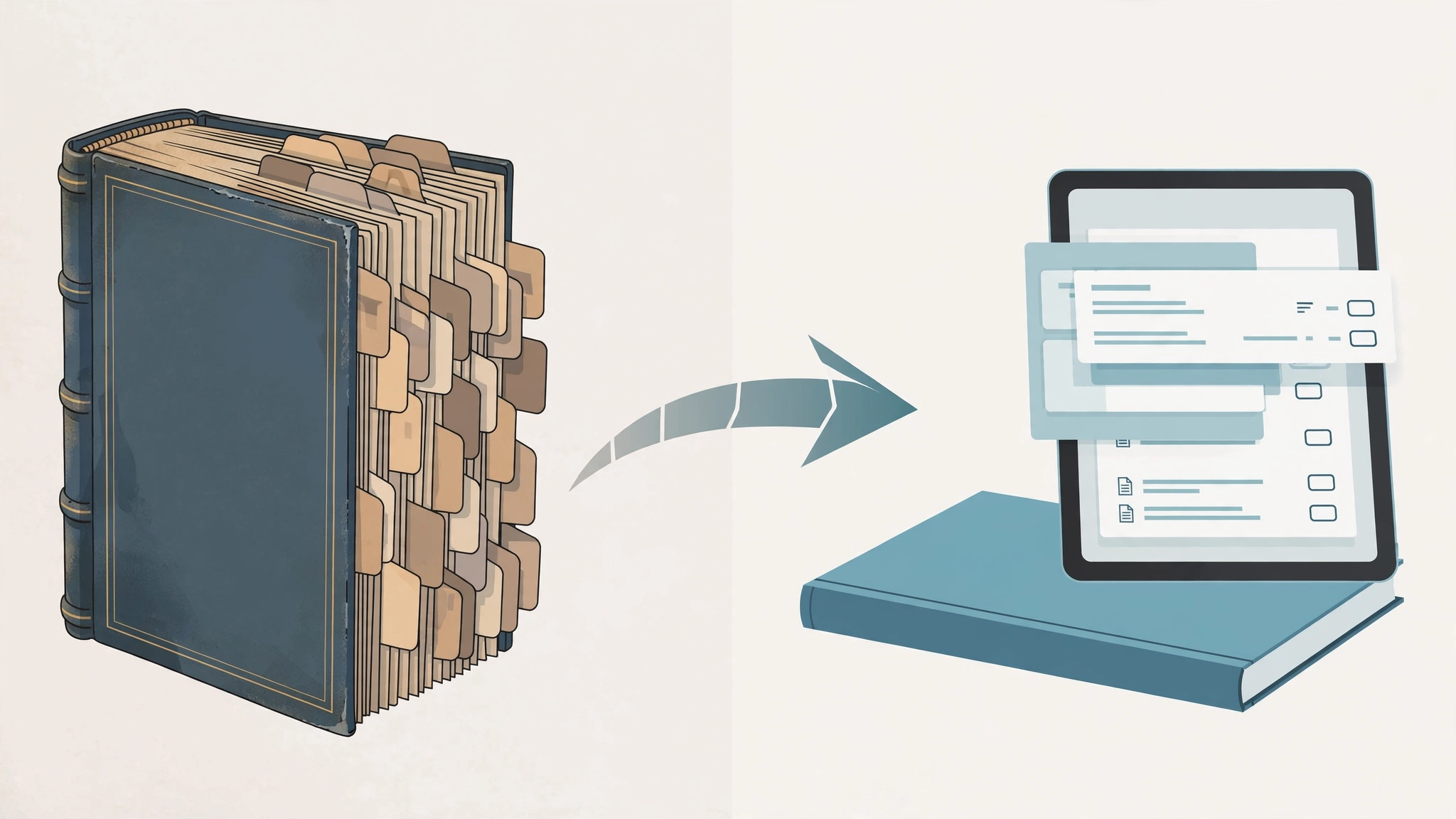 Before-and-after: older thick guidelines volume with appendices versus streamlined code volume plus digital handbook tablet