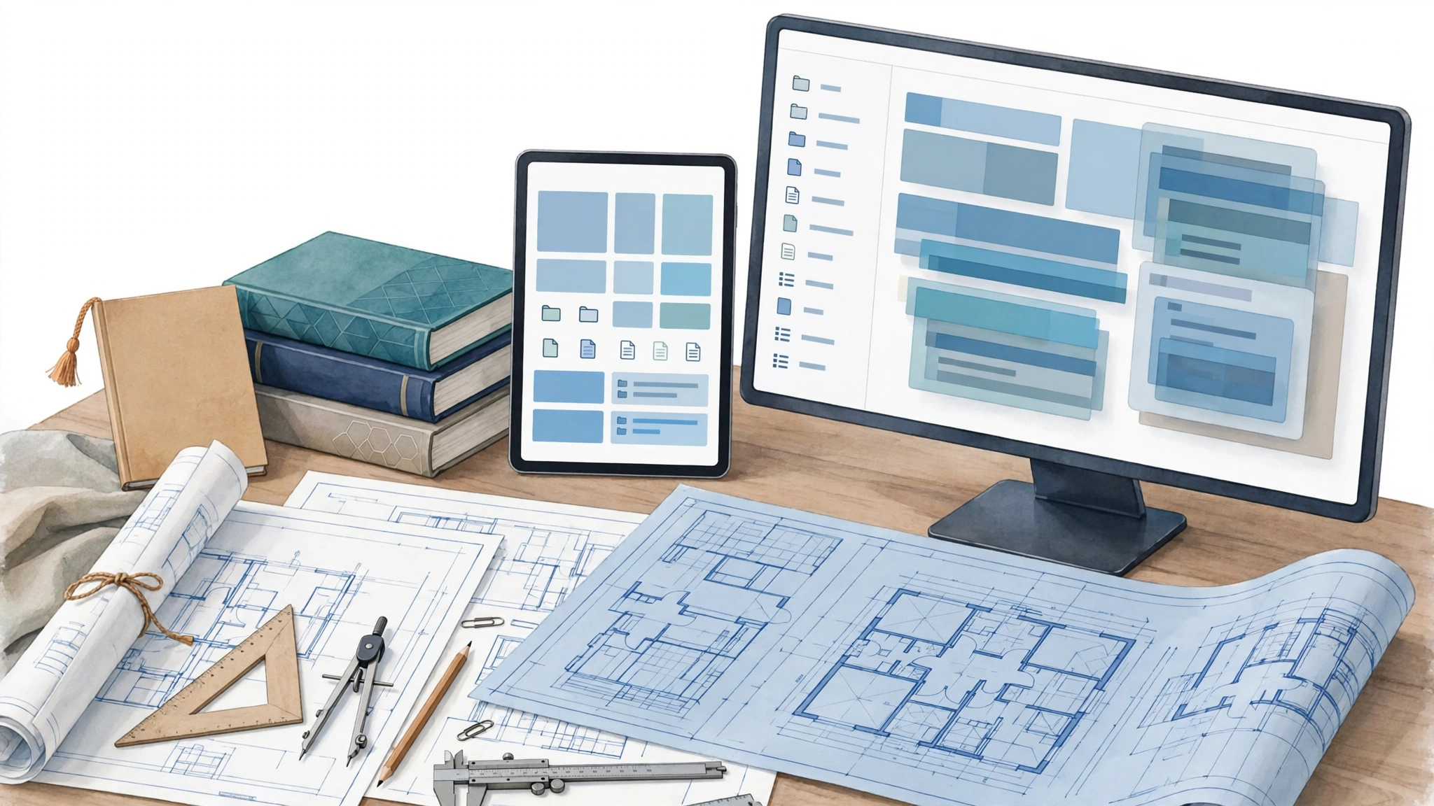 Digital platform for design codes: tablet and computer with code library, handbook subscription, architect's blueprints