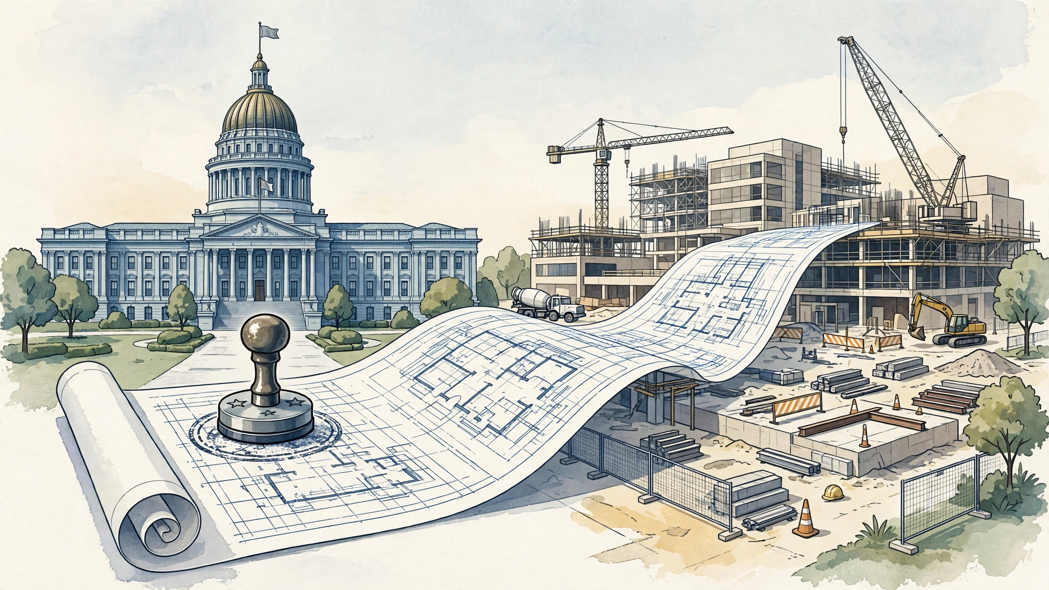 State capitol with a document being stamped into law, connecting to a hospital construction site