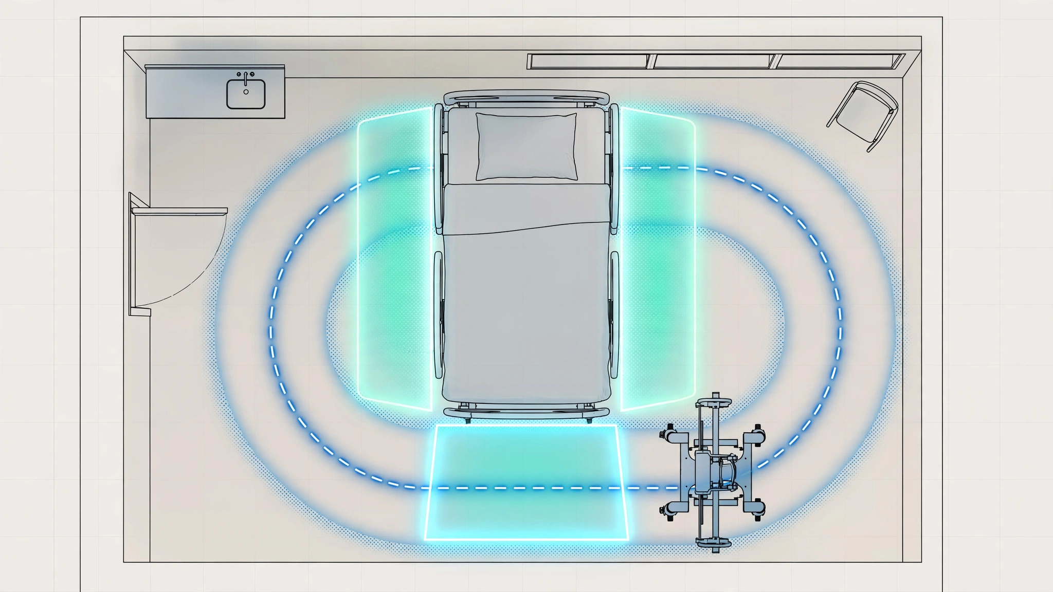 Patient room from above: glowing clearance zones at bed sides and foot, a clear circulation path, patient lift