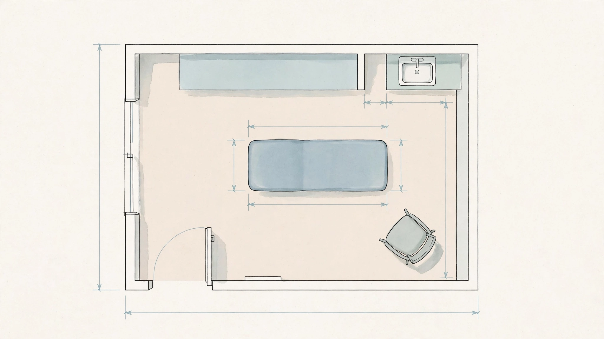 Medical exam room floor plan: exam table, visitor chair, documentation counter, and handwashing sink with clear maneuvering space