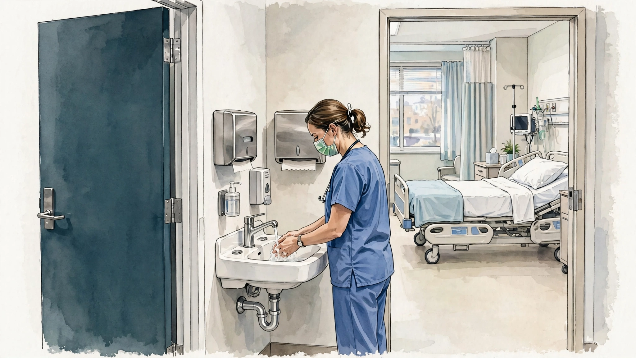 Patient room entrance with handwashing sink just inside the door; healthcare worker washing hands upon entering