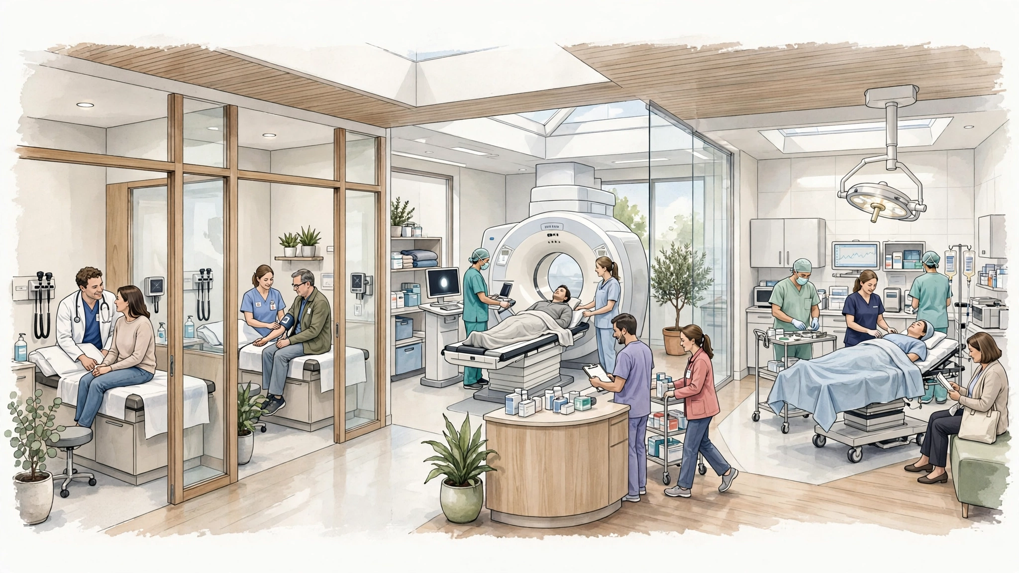 Modern outpatient clinic: exam rooms, imaging suite, ambulatory surgery area in a bright efficient layout