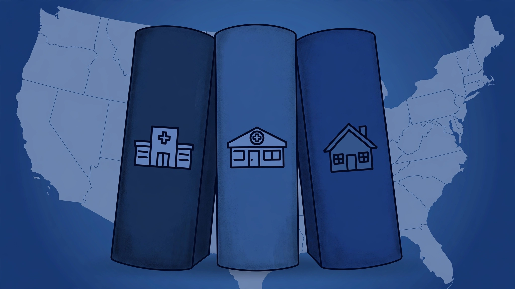 Three FGI code volumes for hospitals, outpatient facilities, and residential care with a US map behind