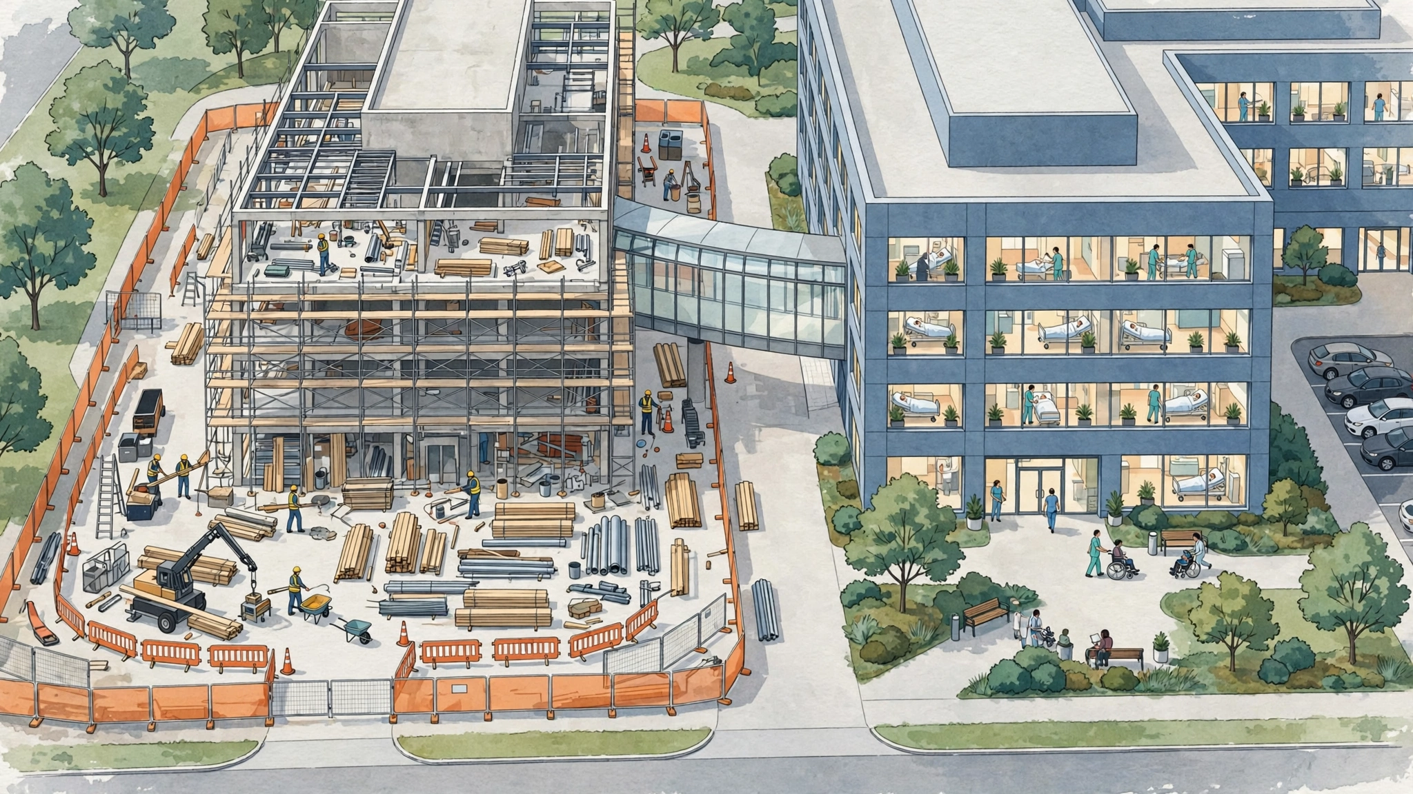 Hospital renovation in phases: one wing under construction with barriers while the adjacent occupied patient wing operates