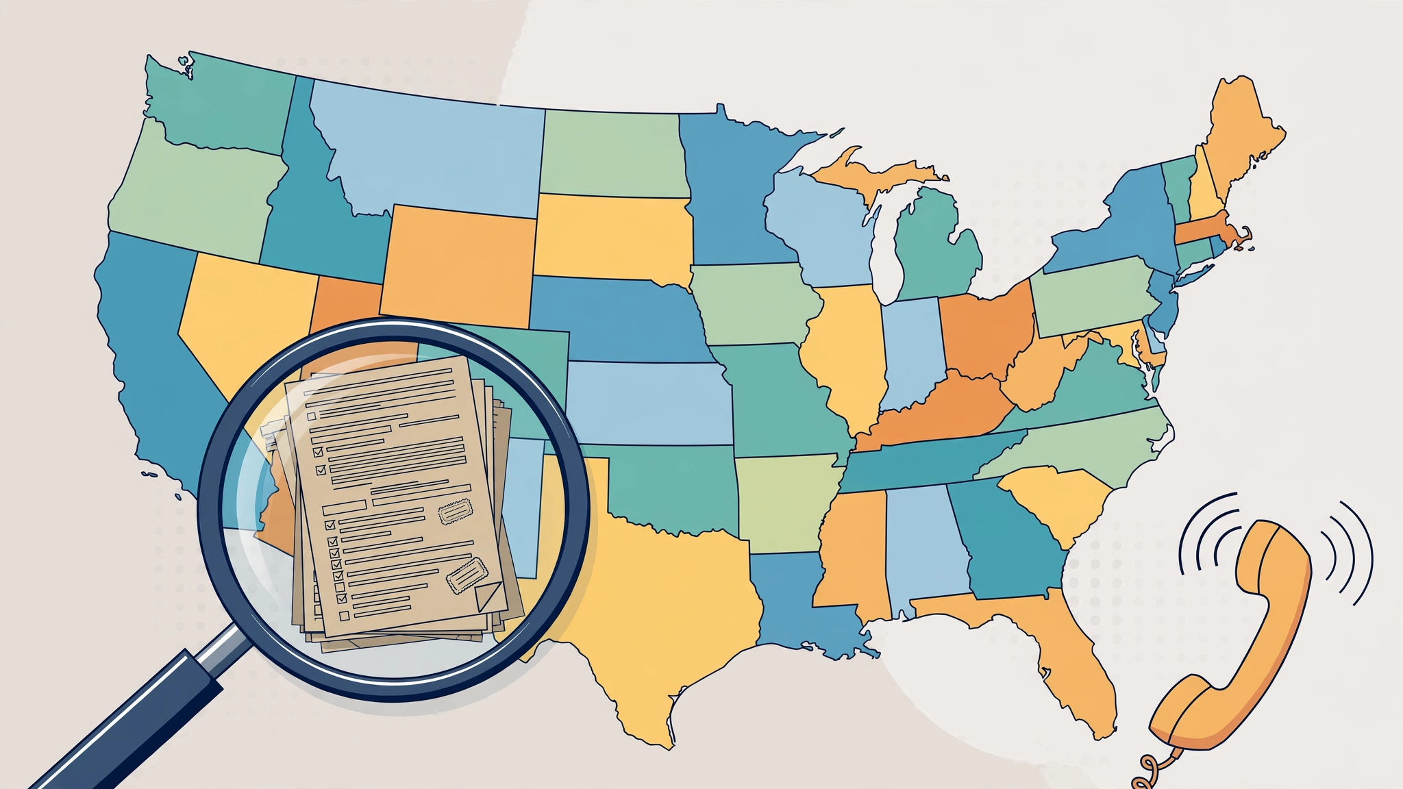 US map with states in varying shades for different adopted editions; magnifying glass over one state's regulation document